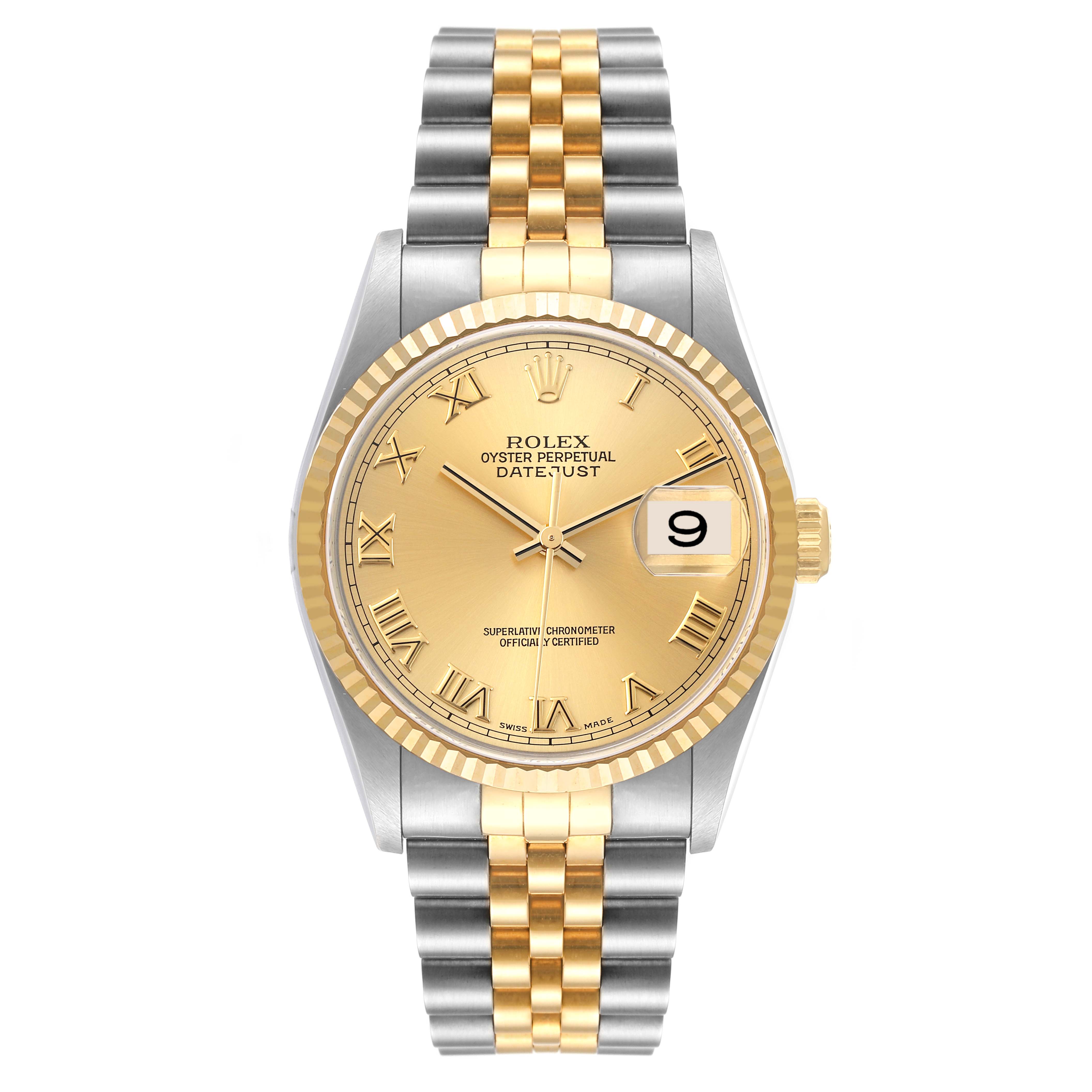 The image shows a frontal view of a Rolex Datejust 16233 Men's Steel and Gold (two tone) Champagne Dial 16233 Men's Steel and Gold (two tone) Champagne Dial watch, displaying the dial, bracelet, and fluted bezel.