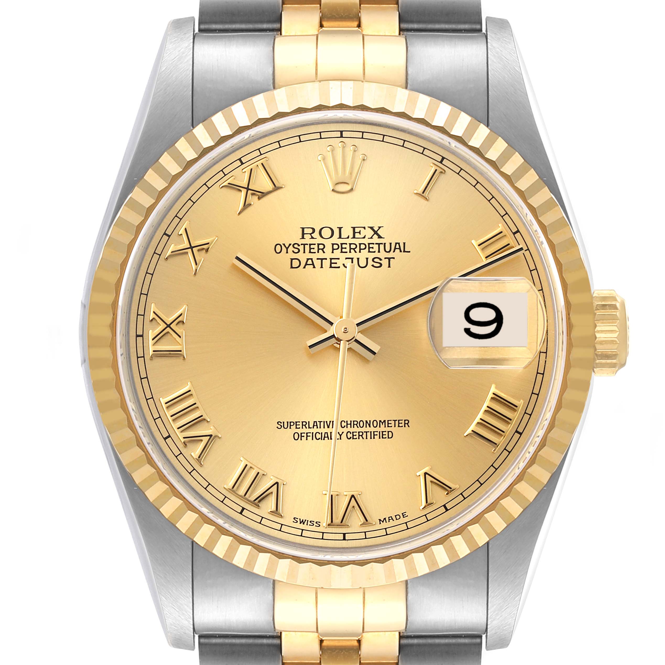 The image shows a frontal view of the Rolex Datejust 16233 Men's Steel and Gold (two tone) Champagne Dial 16233 Men's Steel and Gold (two tone) Champagne Dial watch, highlighting the gold dial, Roman numerals, date window, and two-tone bracelet.