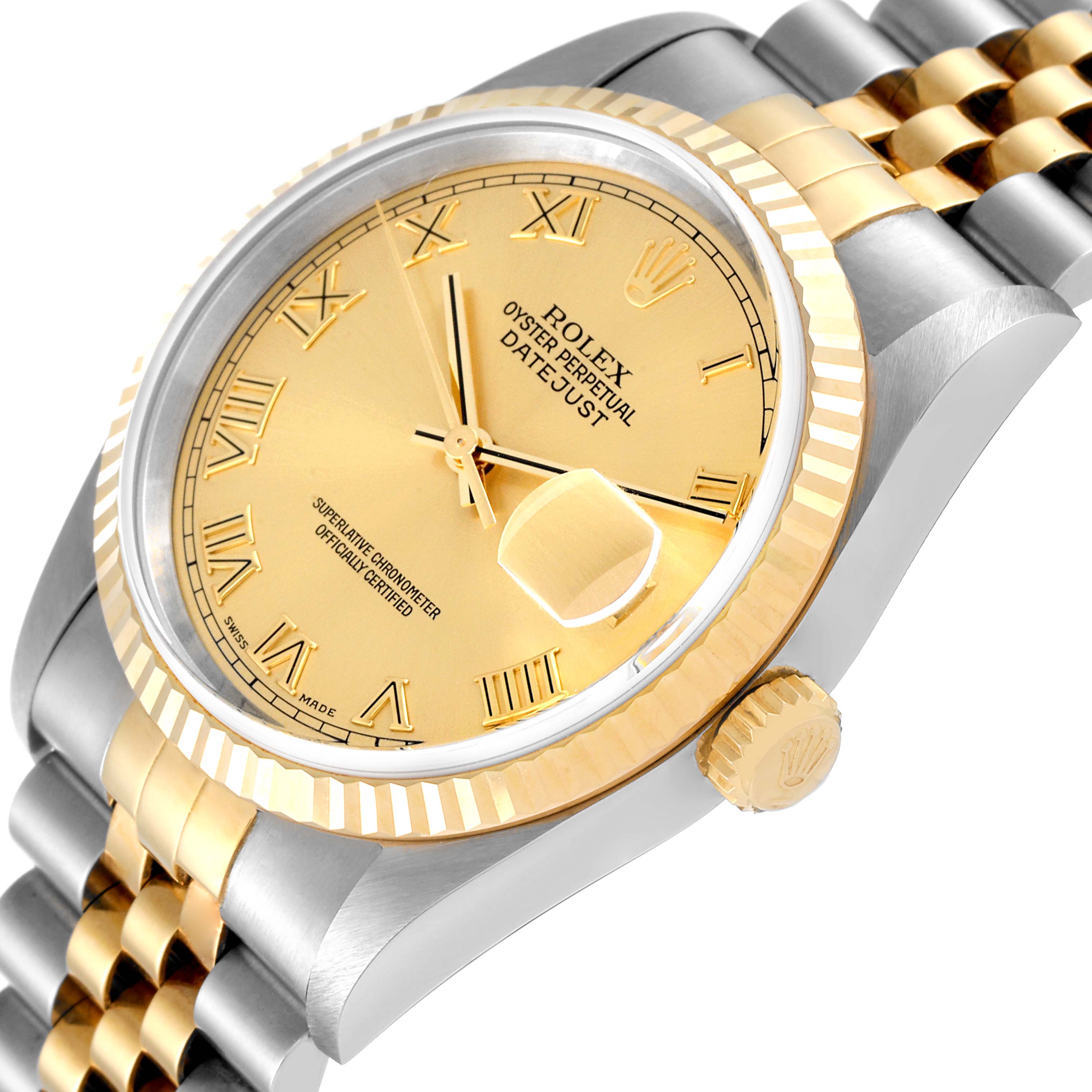 This image shows a Rolex Datejust 16233 Men's Steel and Gold (two tone) Champagne Dial 16233 Men's Steel and Gold (two tone) Champagne Dial watch at an angled view, highlighting the gold dial, fluted bezel, and Jubilee bracelet.