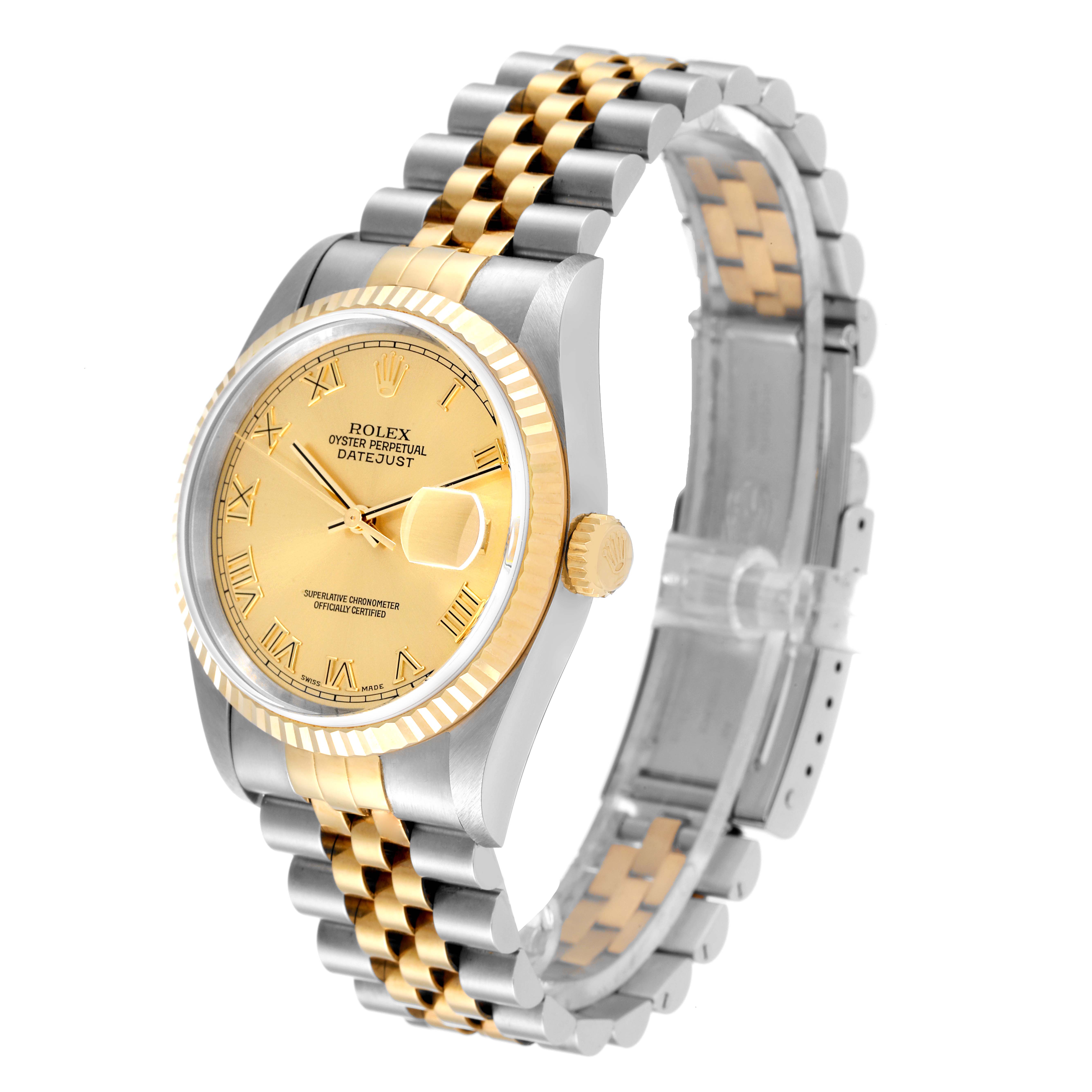 The image shows a Rolex Datejust 16233 Men's Steel and Gold (two tone) Champagne Dial 16233 Men's Steel and Gold (two tone) Champagne Dial watch from an angled perspective, highlighting its gold dial, case, and jubilee bracelet.