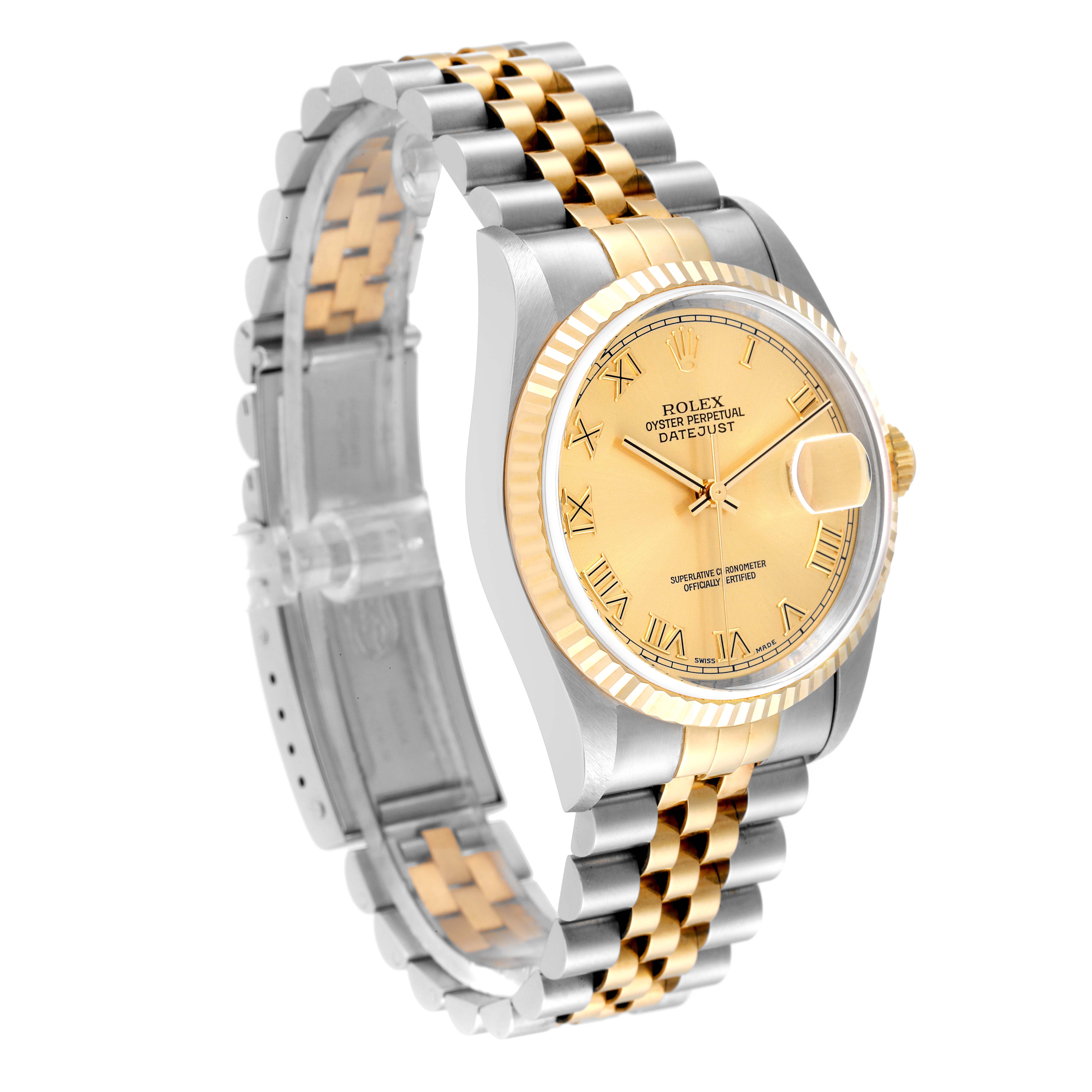 The image shows a side angle of a Rolex Datejust 16233 Men's Steel and Gold (two tone) Champagne Dial 16233 Men's Steel and Gold (two tone) Champagne Dial watch, highlighting its dial, bezel, and two-tone bracelet.