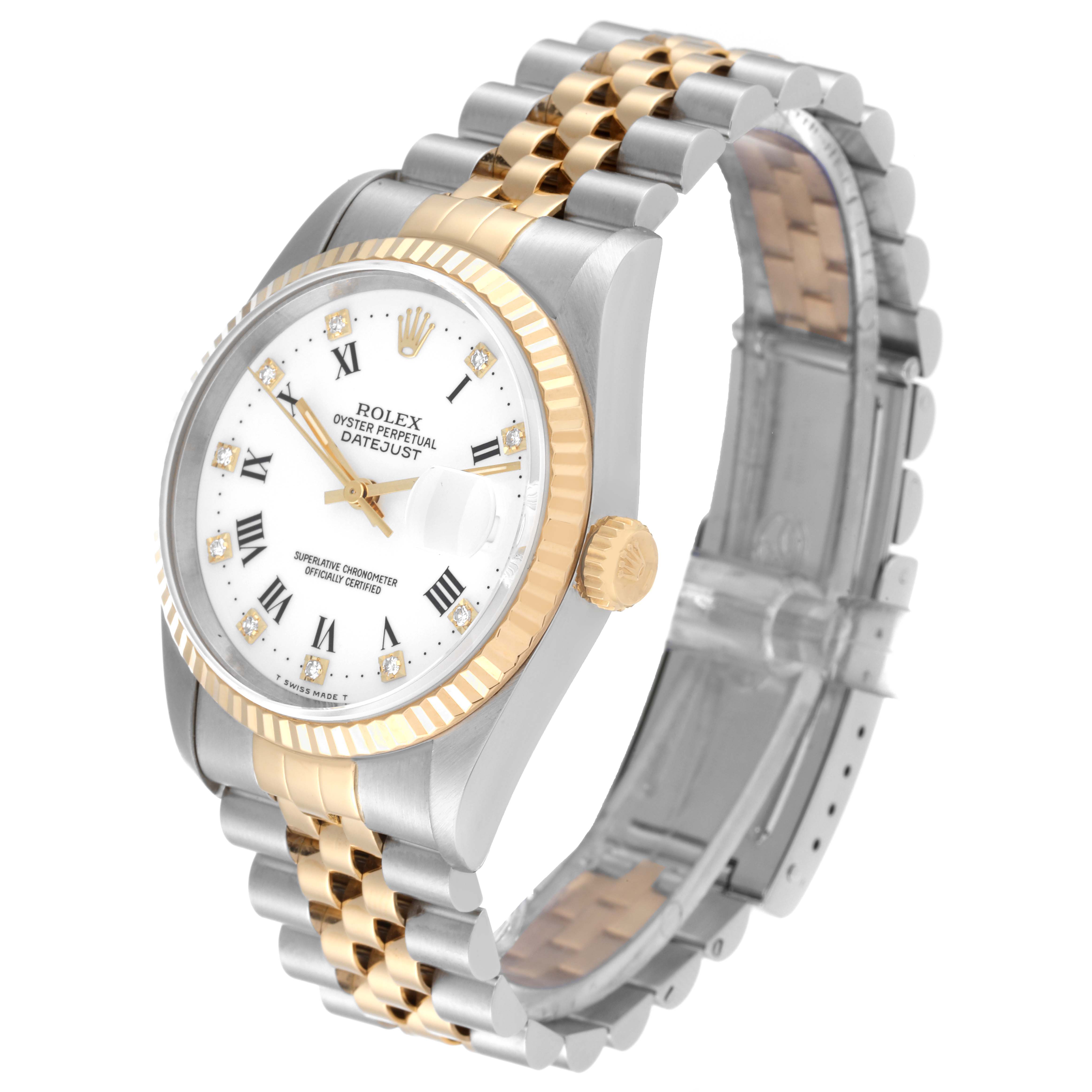 The image shows a Rolex Datejust 16233 Men's Steel and Gold (two tone) White Dial 16233 Men's Steel and Gold (two tone) White Dial watch from a three-quarter angle, highlighting the dial, bezel, crown, and bracelet.
