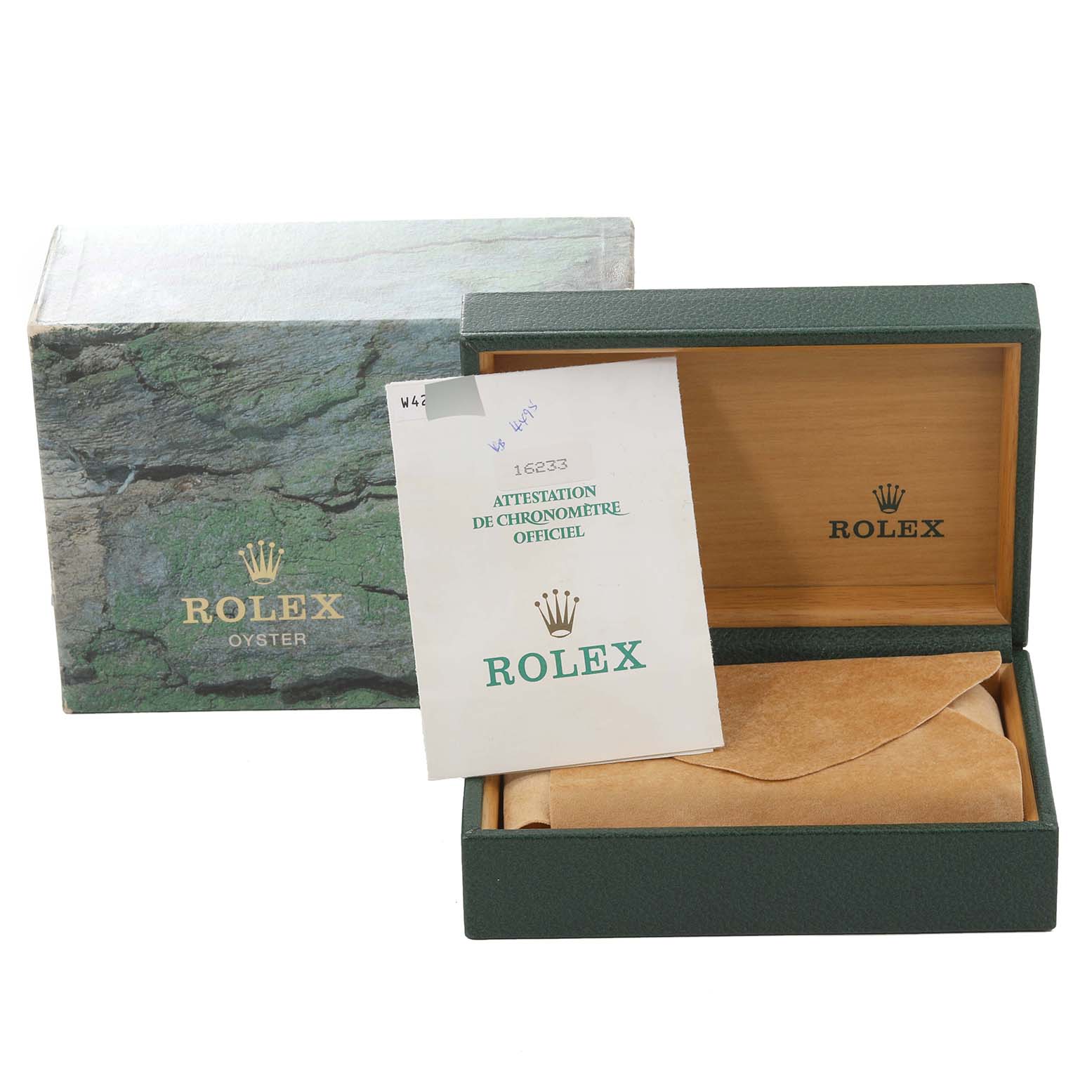 The image shows the Rolex Datejust 16233 Men's Steel and Gold (two tone) White Dial 16233 Men's Steel and Gold (two tone) White Dial packaging, including the box, and warranty card, displayed at a slight angle.