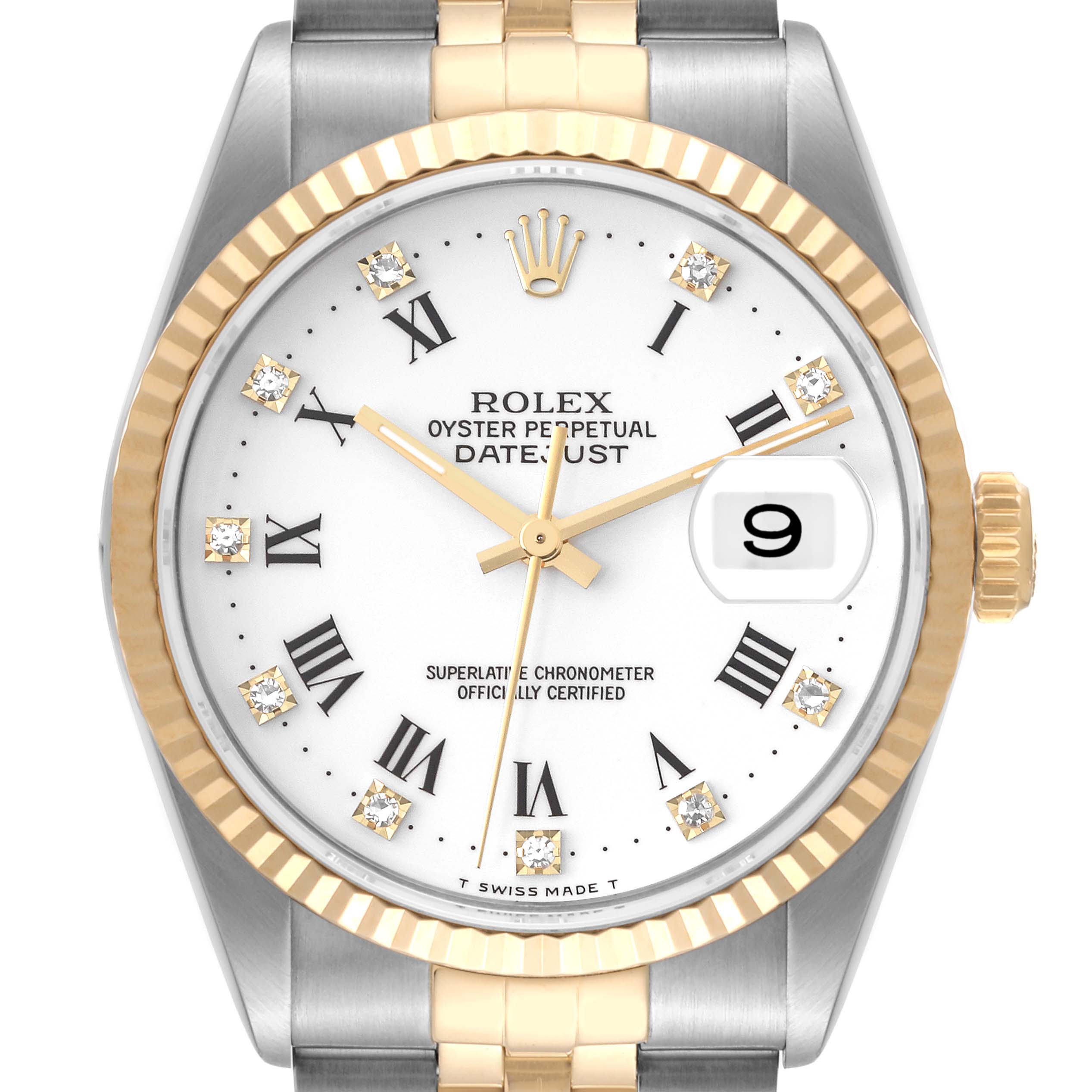 This image shows a Rolex Datejust 16233 Men's Steel and Gold (two tone) White Dial 16233 Men's Steel and Gold (two tone) White Dial watch, highlighting its dial, bezel, crown, and part of the bracelet.