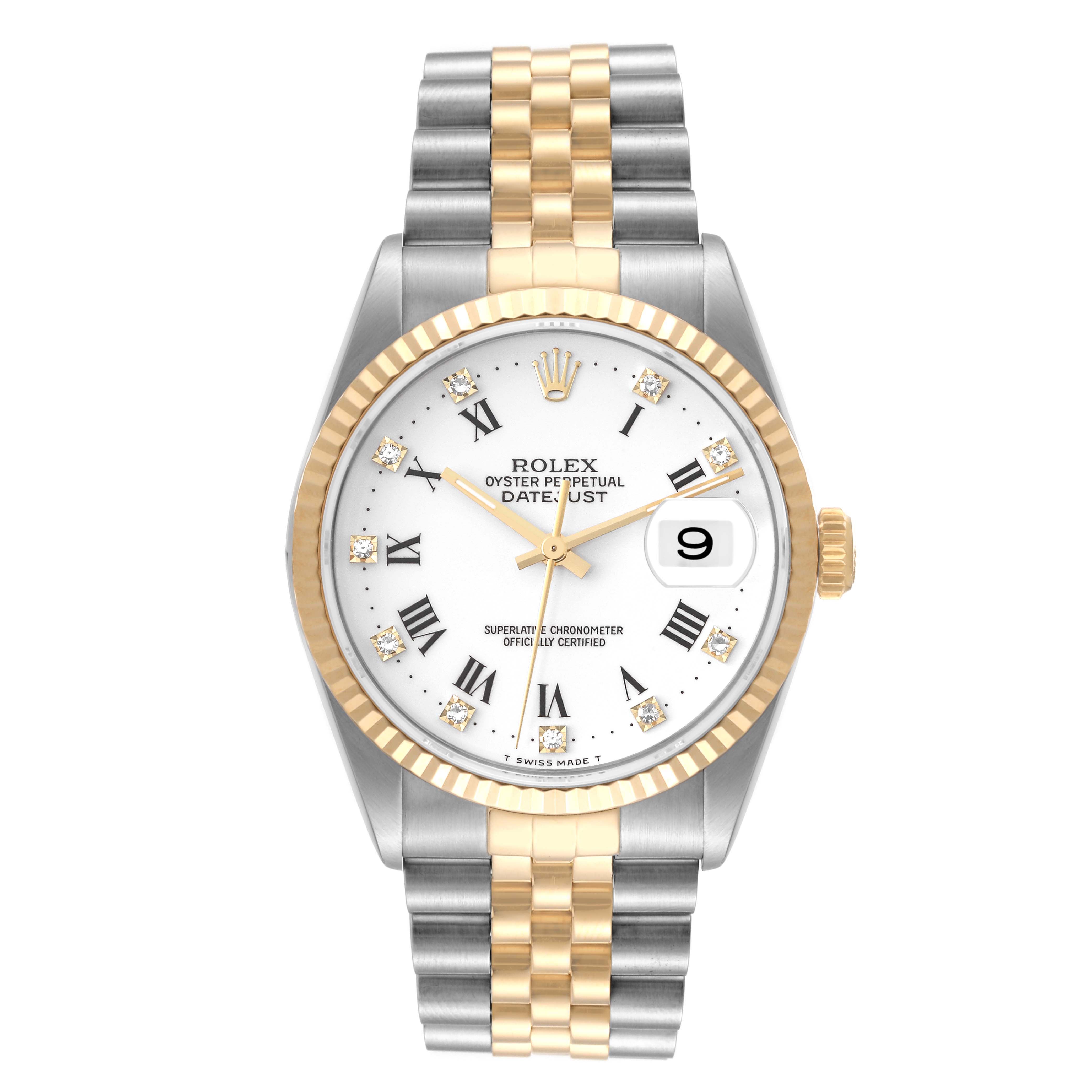 This image shows a front view of a Rolex Datejust 16233 Men's Steel and Gold (two tone) White Dial 16233 Men's Steel and Gold (two tone) White Dial watch, highlighting its white dial, gold fluted bezel, and two-tone bracelet.