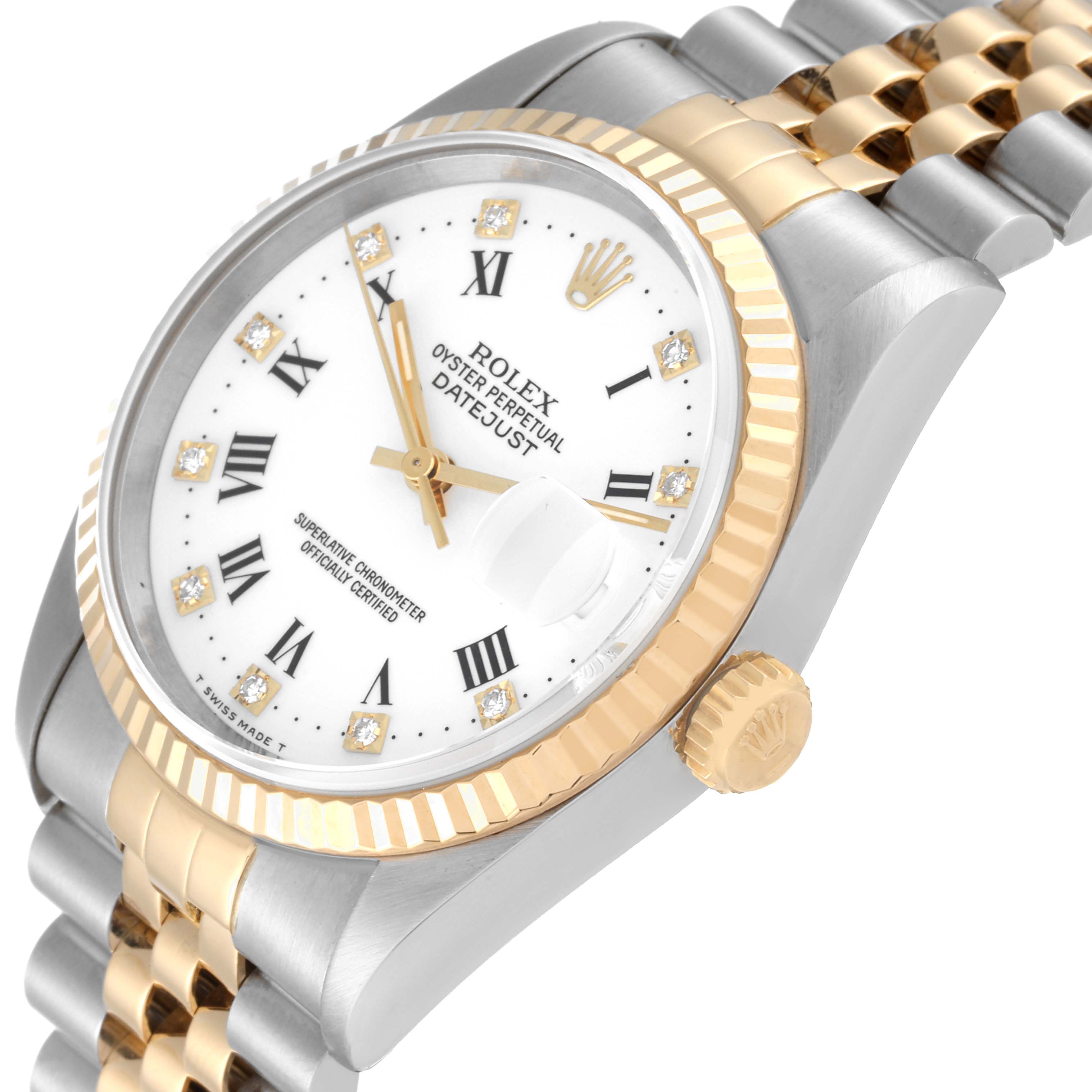 The image shows a Rolex Datejust 16233 Men's Steel and Gold (two tone) White Dial 16233 Men's Steel and Gold (two tone) White Dial watch at an angle, displaying its face, bezel, crown, and part of the bracelet.