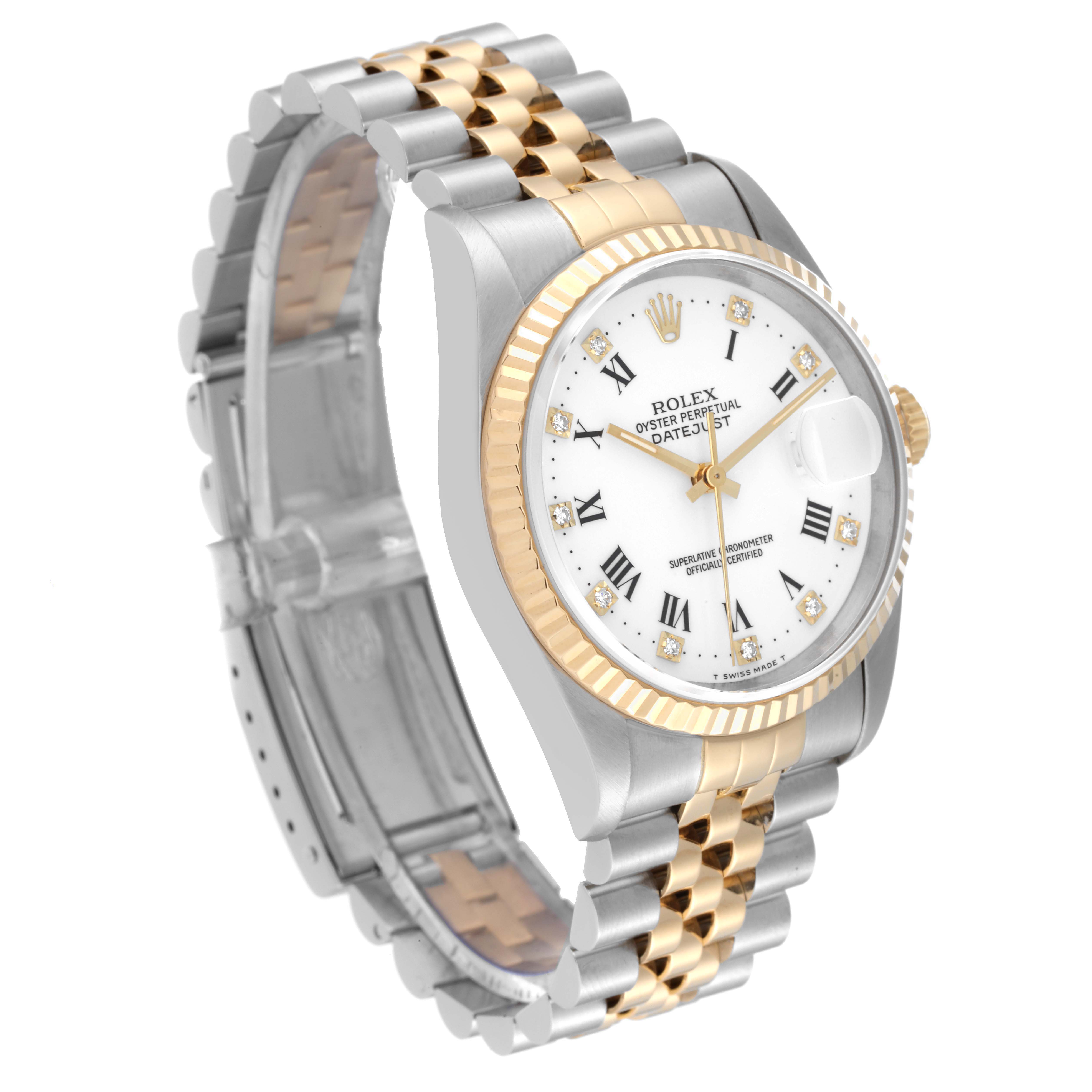 This image shows a Rolex Datejust 16233 Men's Steel and Gold (two tone) White Dial 16233 Men's Steel and Gold (two tone) White Dial watch at a slight angle, displaying the face, bezel, and two-tone metal bracelet.
