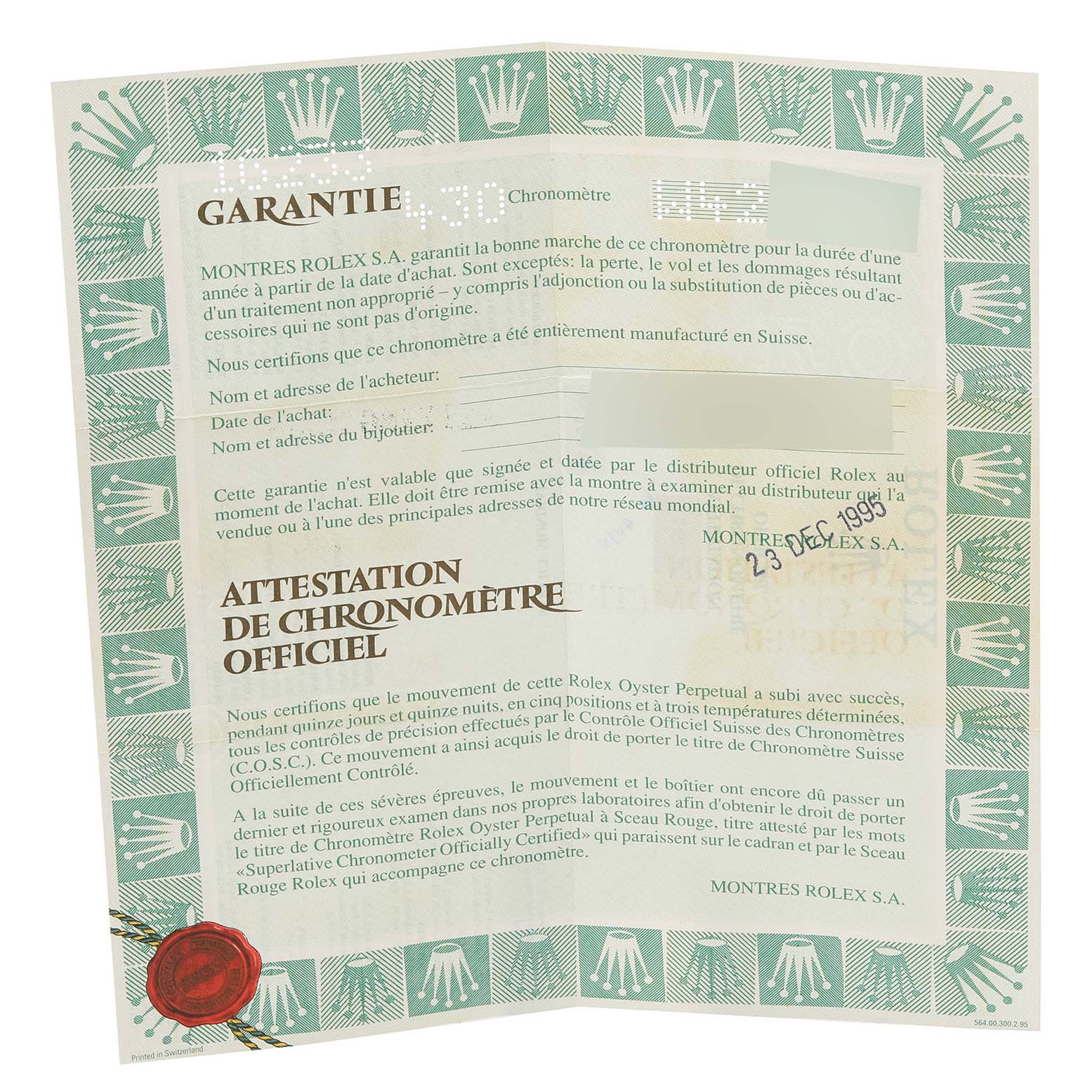 This image shows a warranty certificate for the Rolex Datejust 16233 Men's Steel and Gold (two tone) White Dial 16233 Men's Steel and Gold (two tone) White Dial watch model.