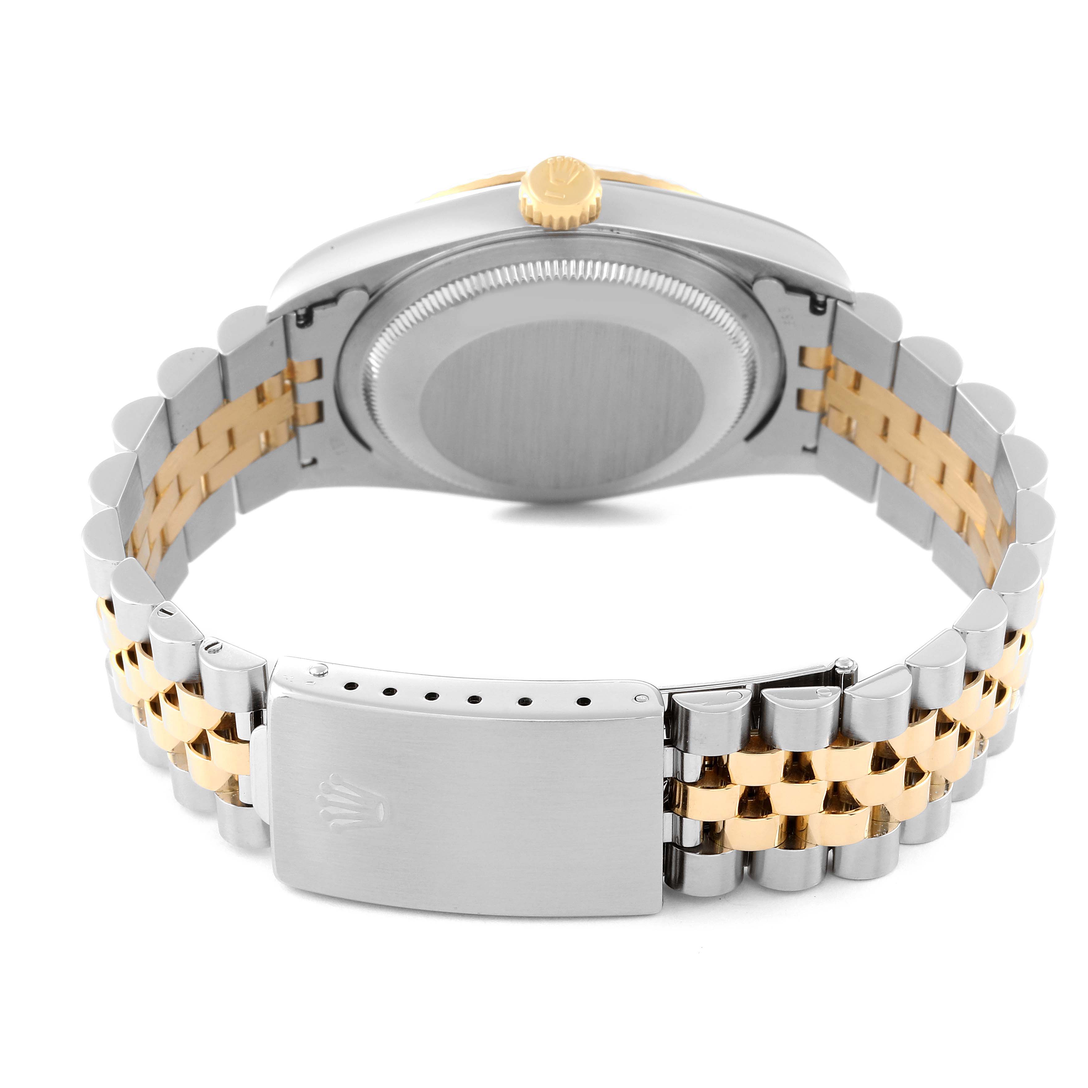 This image shows the back of a Rolex Datejust 16233 Men's Steel and Gold (two tone) White Dial 16233 Men's Steel and Gold (two tone) White Dial watch, highlighting the case back and two-tone Jubilee bracelet.