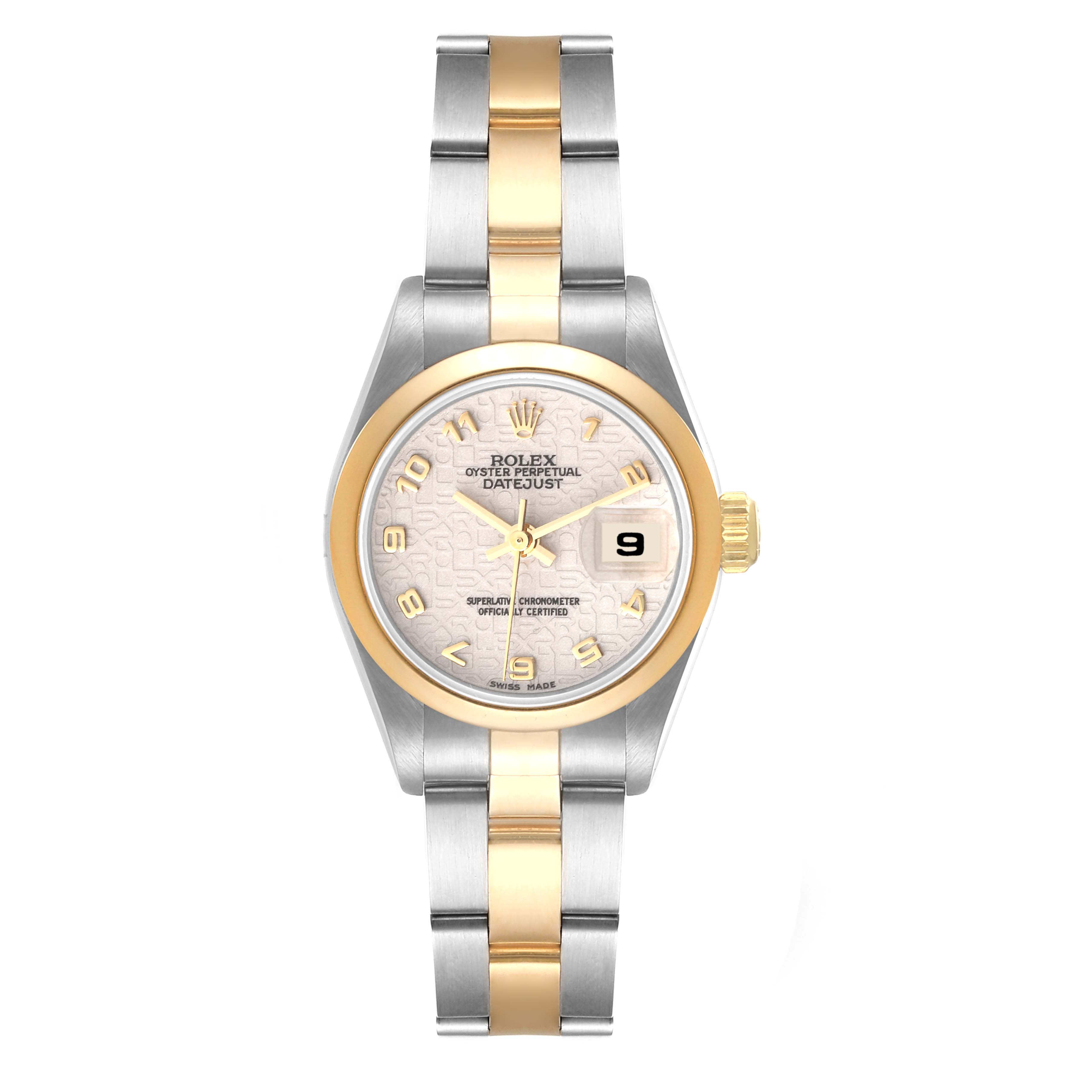 This image shows a Rolex Datejust 69163 Women's Steel and Gold (two tone) Silver Dial 69163 Women's Steel and Gold (two tone) Silver Dial watch from a front angle, highlighting its face, bracelet, and bezel.