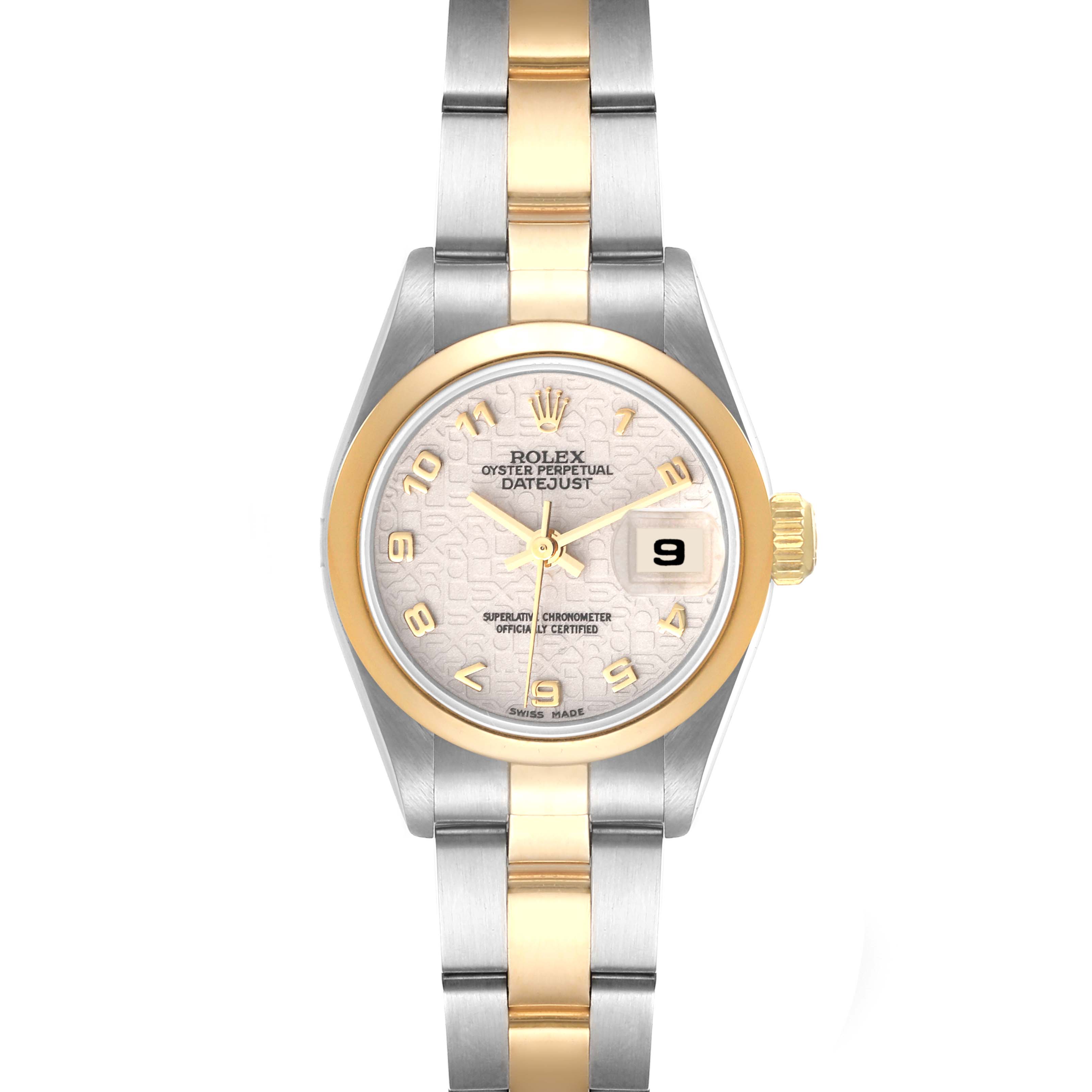 This image shows a front view of a Rolex Datejust 69163 Women's Steel and Gold (two tone) Silver Dial 69163 Women's Steel and Gold (two tone) Silver Dial watch, displaying the dial, hands, date window, and two-tone bracelet.