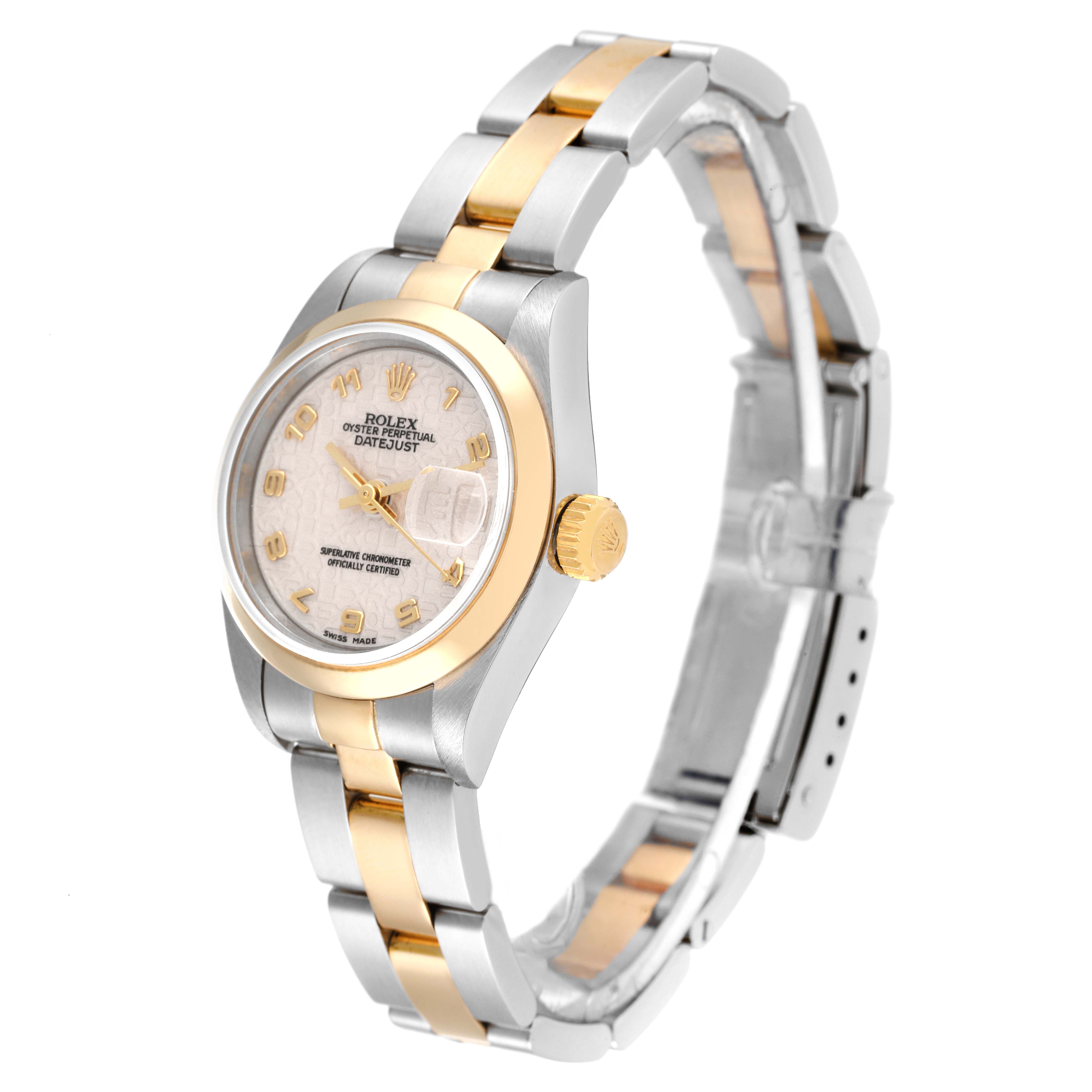 The Rolex Datejust 69163 Women's Steel and Gold (two tone) Silver Dial 69163 Women's Steel and Gold (two tone) Silver Dial watch is shown at a three-quarter angle, highlighting the face, bezel, crown, and part of the bracelet.