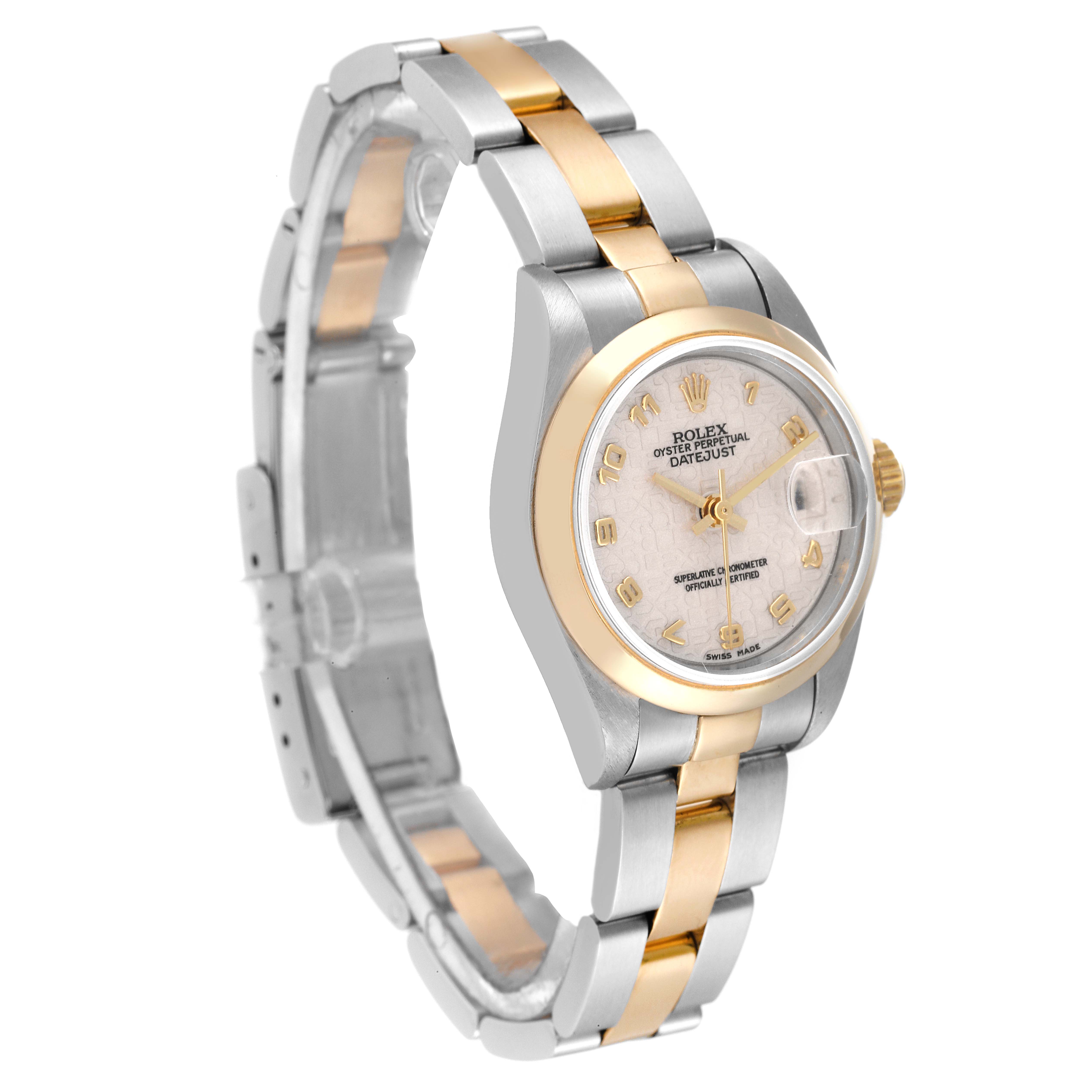 This image shows a Rolex Datejust 69163 Women's Steel and Gold (two tone) Silver Dial 69163 Women's Steel and Gold (two tone) Silver Dial watch at a slight angle, highlighting its dial, bezel, and bracelet.
