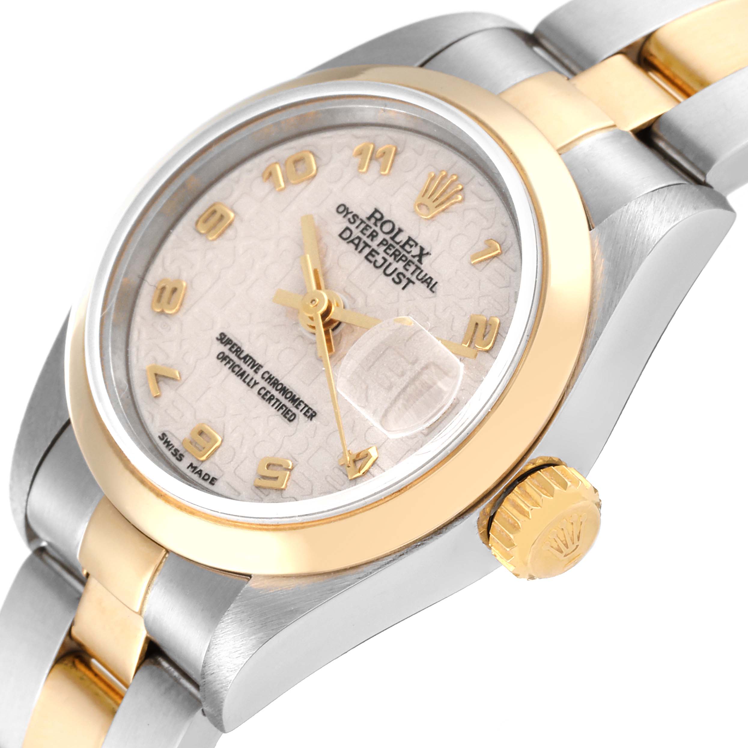 The image shows a close-up angled view of the dial, crown, and part of the bracelet of a Rolex Datejust 69163 Women's Steel and Gold (two tone) Silver Dial 69163 Women's Steel and Gold (two tone) Silver Dial watch.