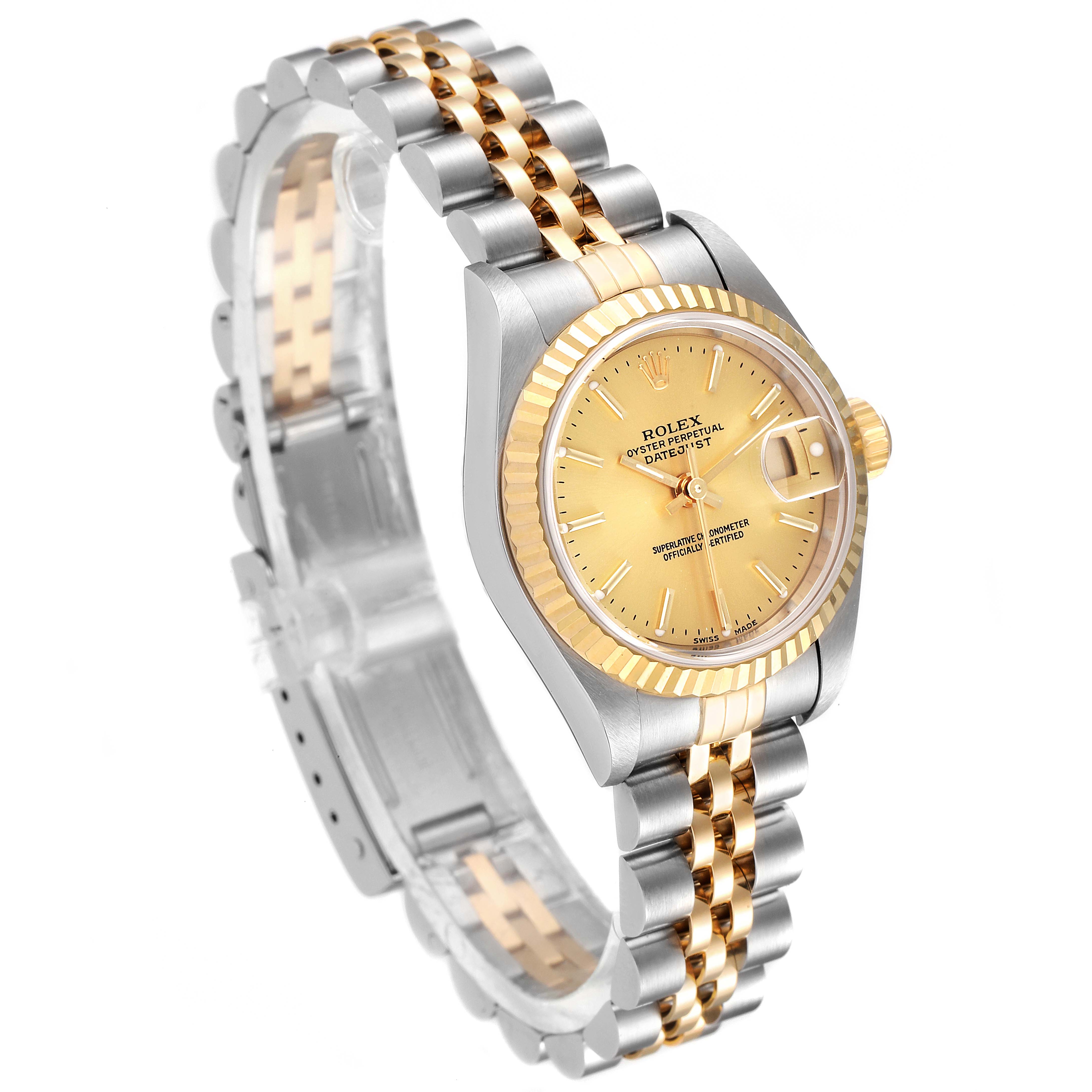 The Rolex Datejust 79173 Women's Steel and Gold (two tone) Champagne Dial 79173 Women's Steel and Gold (two tone) Champagne Dial watch is shown at a slight angle, displaying the face, bezel, and two-tone bracelet.