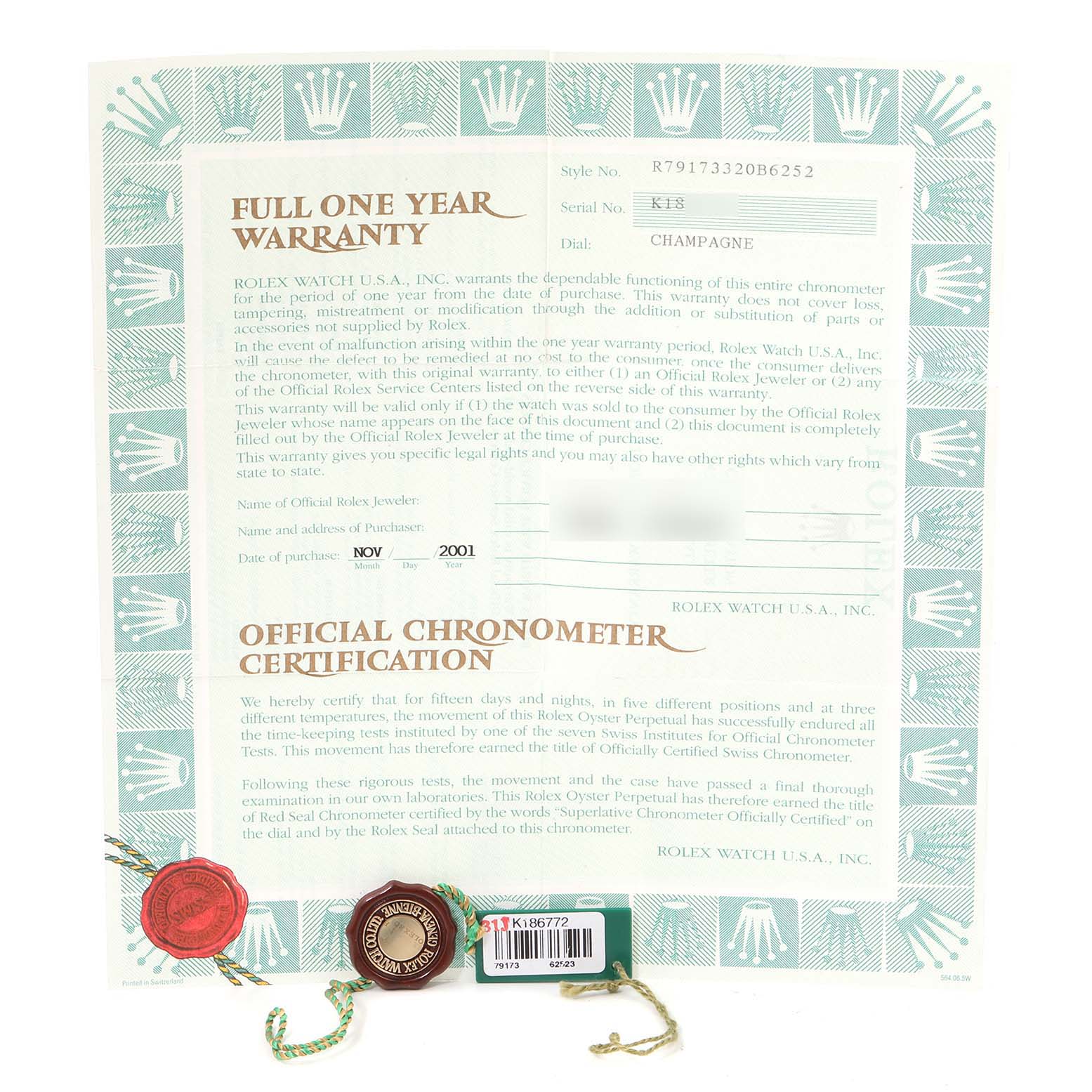 The image shows the one-year warranty card and official chronometer certification for a Rolex Datejust 79173 Women's Steel and Gold (two tone) Champagne Dial 79173 Women's Steel and Gold (two tone) Champagne Dial model watch.