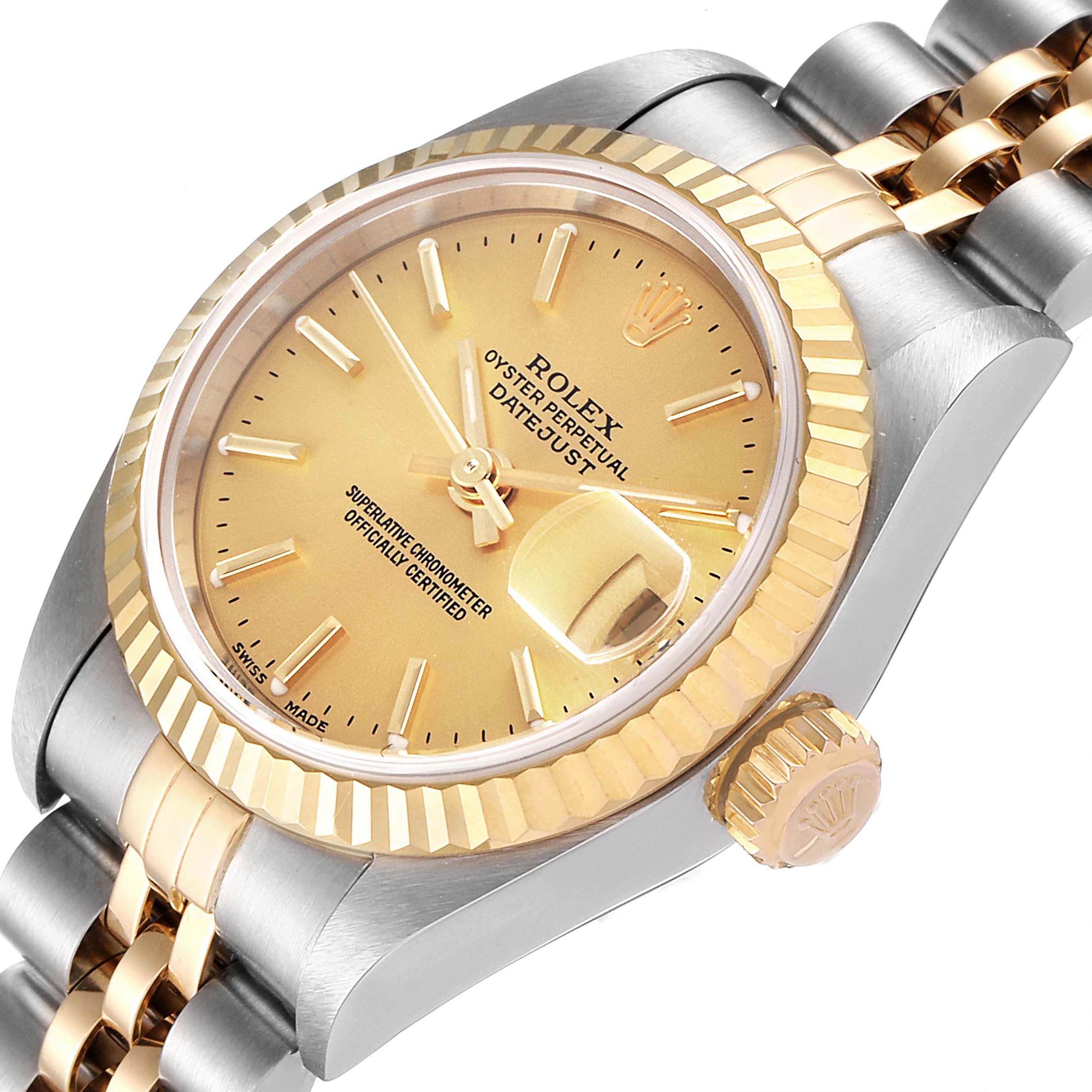 This image shows a close-up angle of the Rolex Datejust 79173 Women's Steel and Gold (two tone) Champagne Dial 79173 Women's Steel and Gold (two tone) Champagne Dial watch, highlighting its dial, bezel, crown, and part of the bracelet.