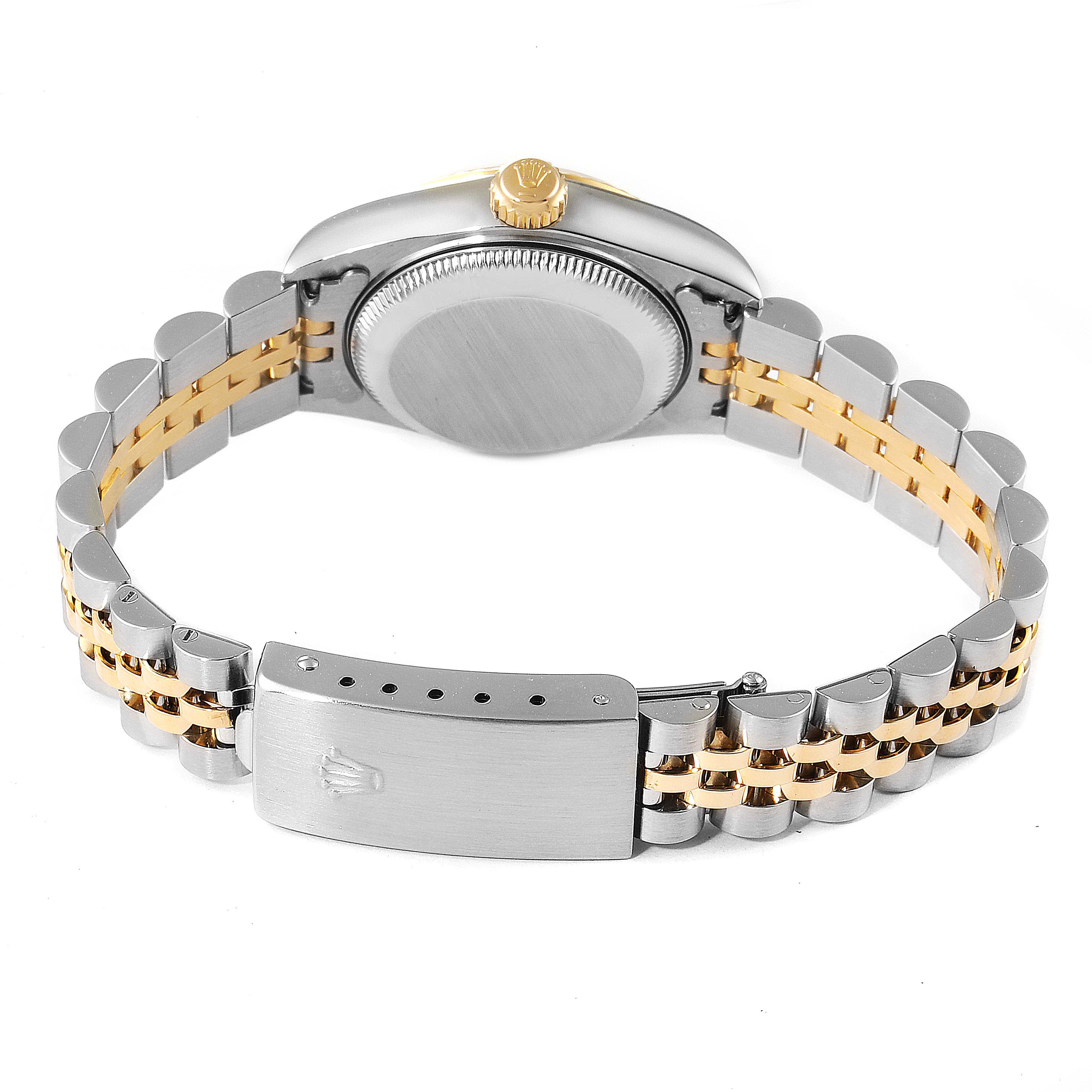 The image shows the back of the Rolex Datejust 79173 Women's Steel and Gold (two tone) Champagne Dial 79173 Women's Steel and Gold (two tone) Champagne Dial watch, highlighting the case back and the two-tone bracelet with a clasp.