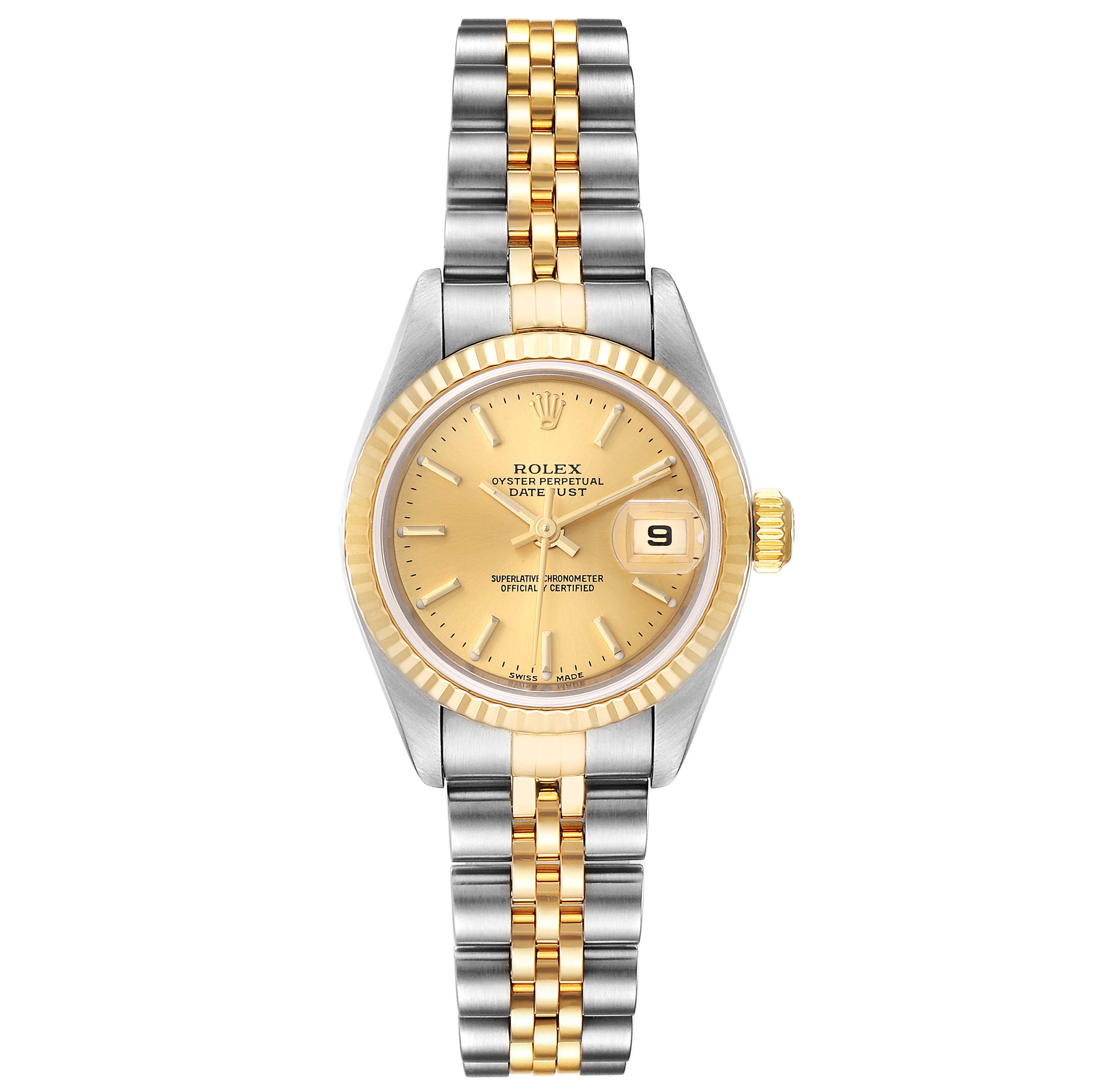 The image shows a Rolex Datejust 79173 Women's Steel and Gold (two tone) Champagne Dial 79173 Women's Steel and Gold (two tone) Champagne Dial model from the front, highlighting its dial, bezel, case, and two-tone bracelet.