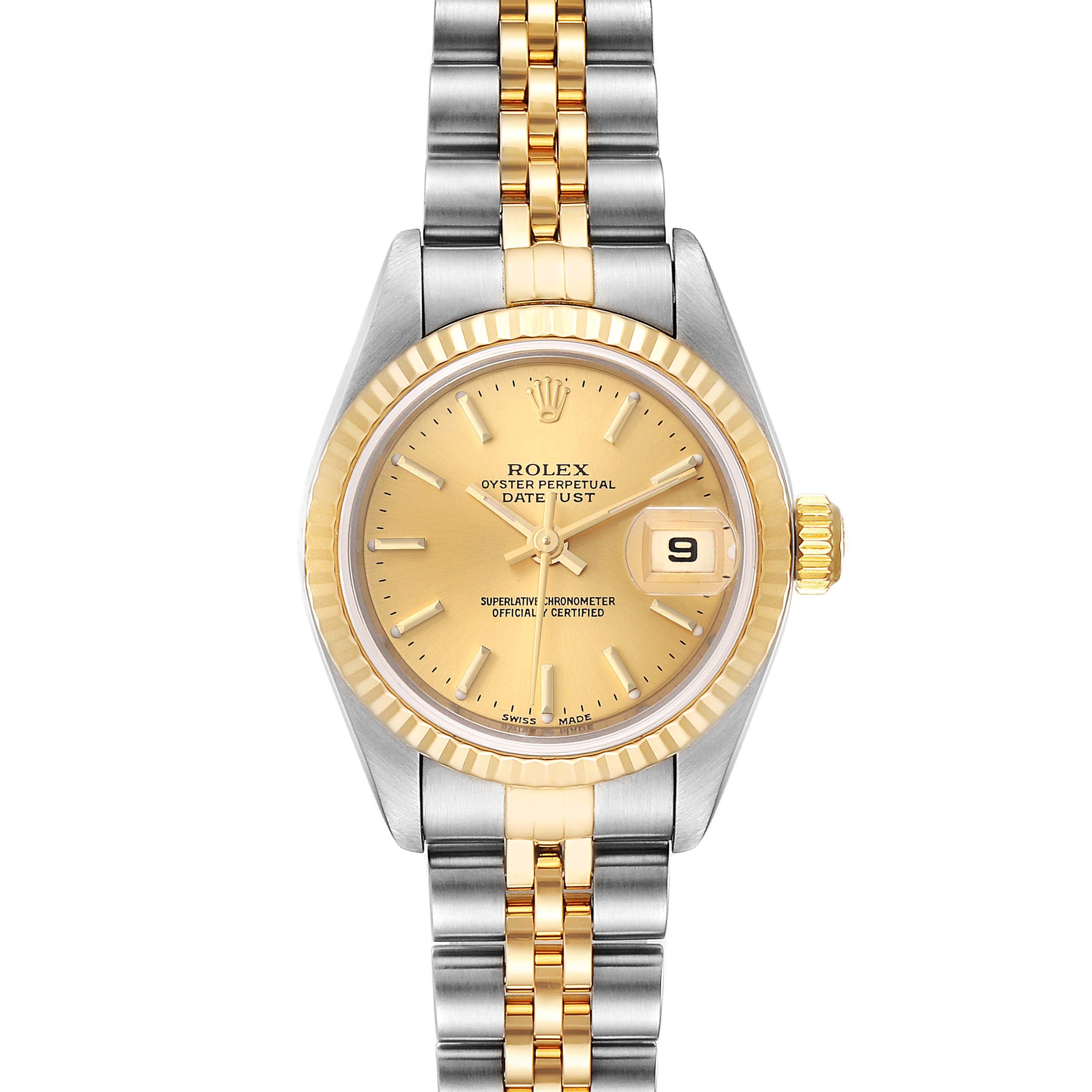 The image shows a frontal view of a Rolex Datejust 79173 Women's Steel and Gold (two tone) Champagne Dial 79173 Women's Steel and Gold (two tone) Champagne Dial watch, displaying the dial, bezel, and bracelet.