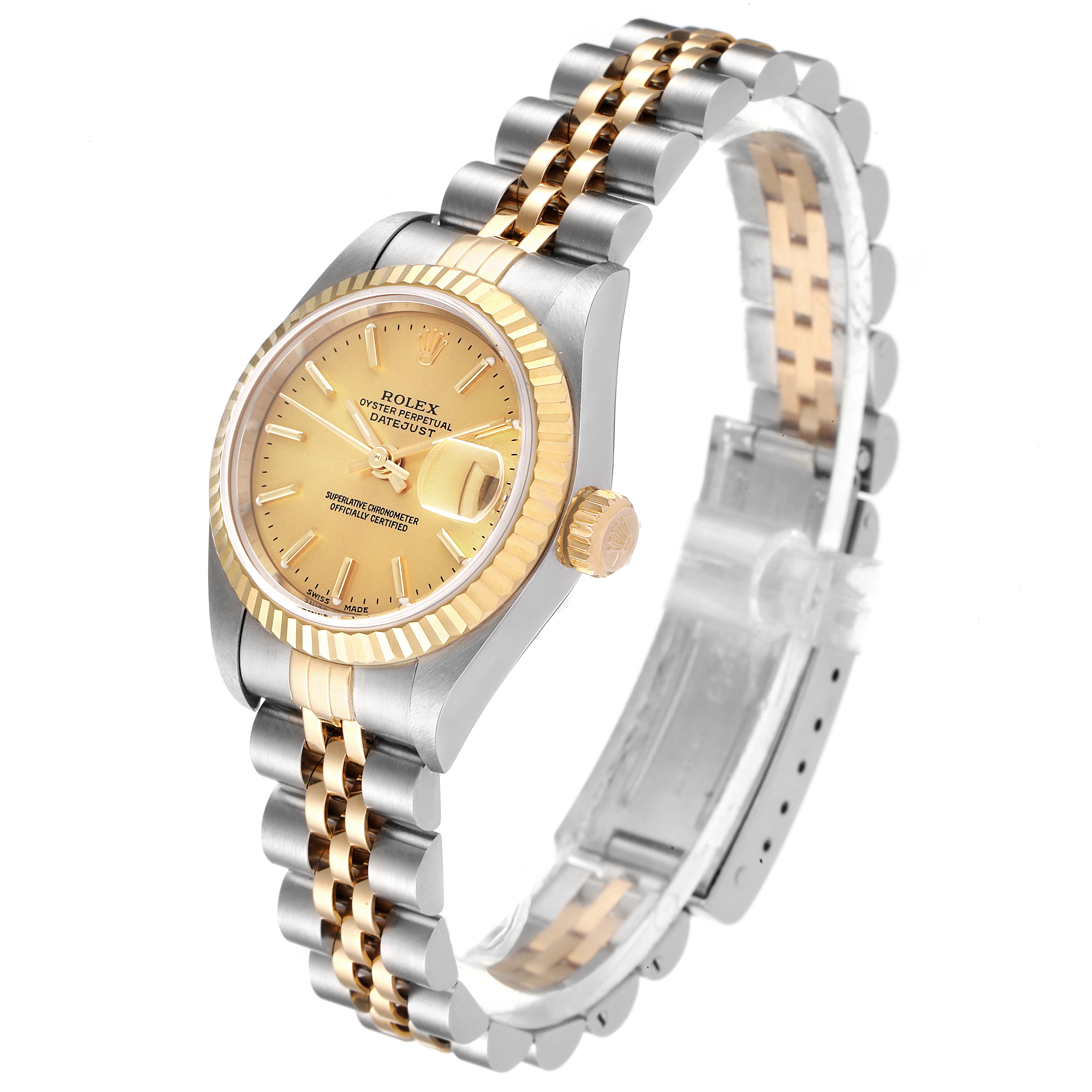 The Rolex Datejust 79173 Women's Steel and Gold (two tone) Champagne Dial 79173 Women's Steel and Gold (two tone) Champagne Dial watch is shown at a slight angle, highlighting its face, crown, and two-tone jubilee bracelet.