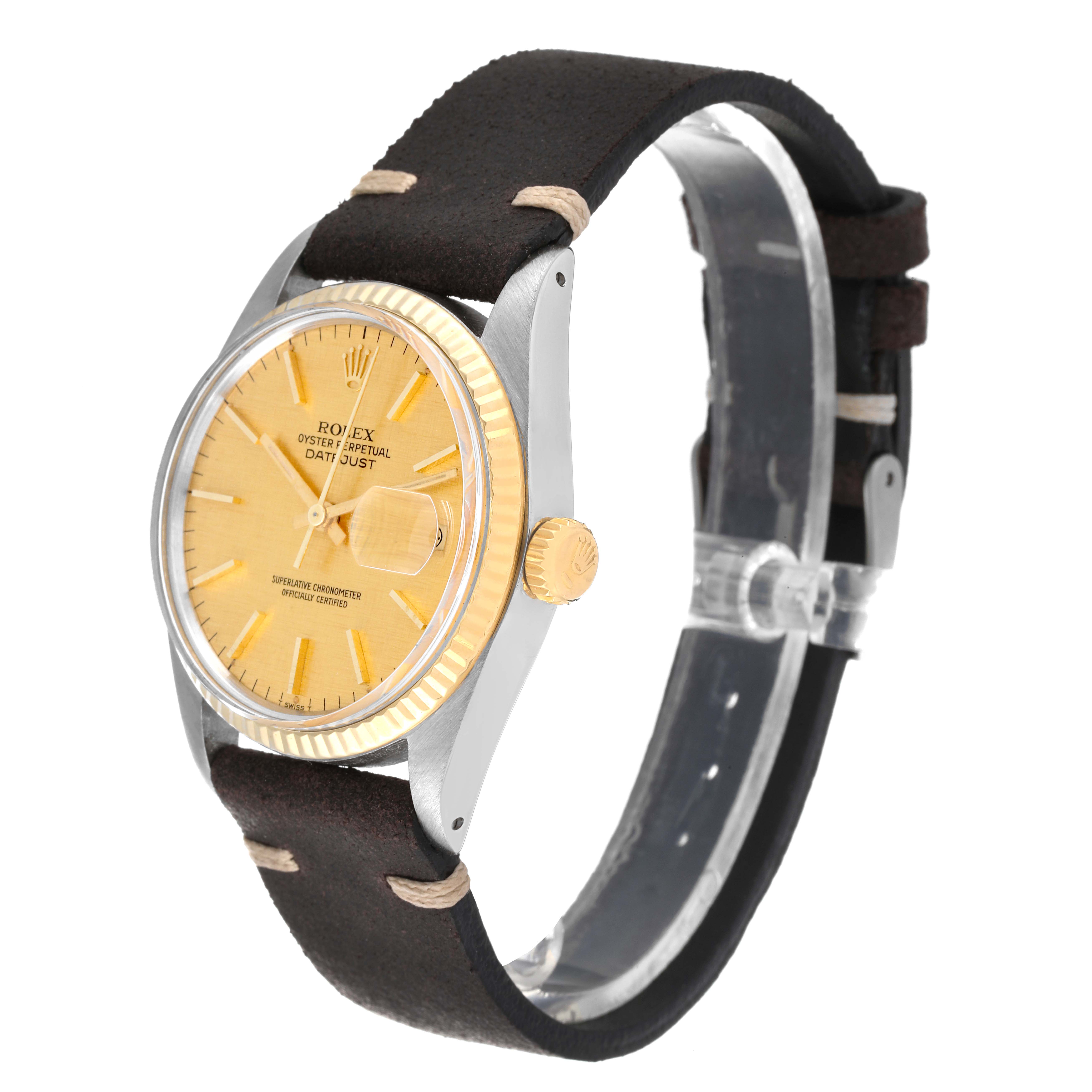 The image shows a side-angle view of the Vintage Collection Rolex watch, highlighting its face, bezel, crown, and strap.