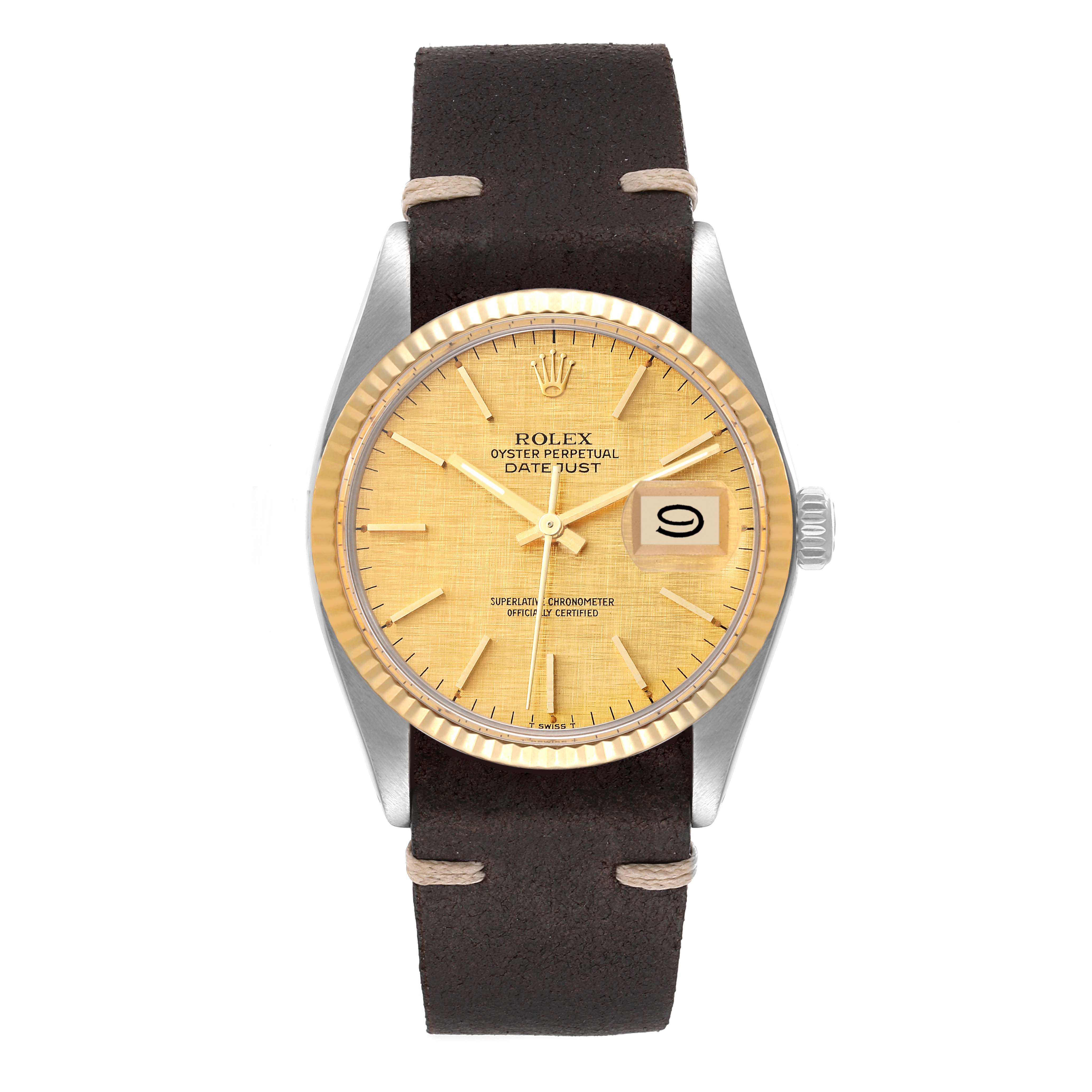 The image shows a front view of the Rolex Vintage Collection 16013 Men's Steel and Gold (two tone) Champagne Dial 16013 Men's Steel and Gold (two tone) Champagne Dial Datejust watch, displaying the dial, bezel, crown, and leather strap.