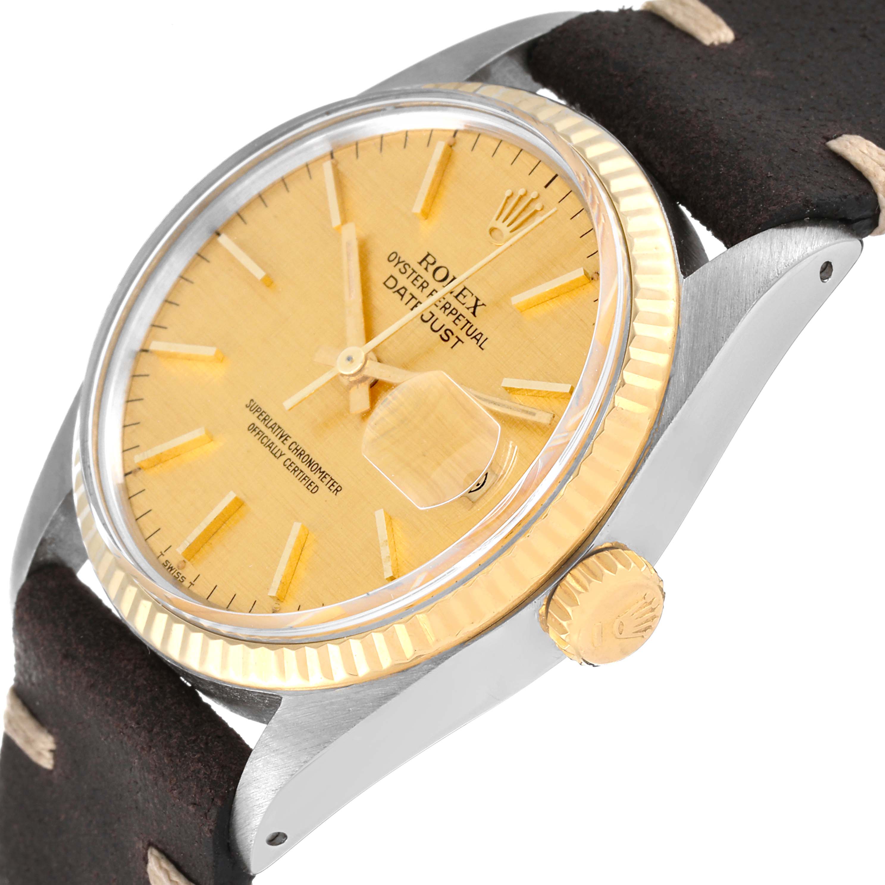 The image displays a close-up angled view of a Rolex Vintage Collection 16013 Men's Steel and Gold (two tone) Champagne Dial 16013 Men's Steel and Gold (two tone) Champagne Dial Datejust watch, highlighting the dial, bezel, crown, and strap.