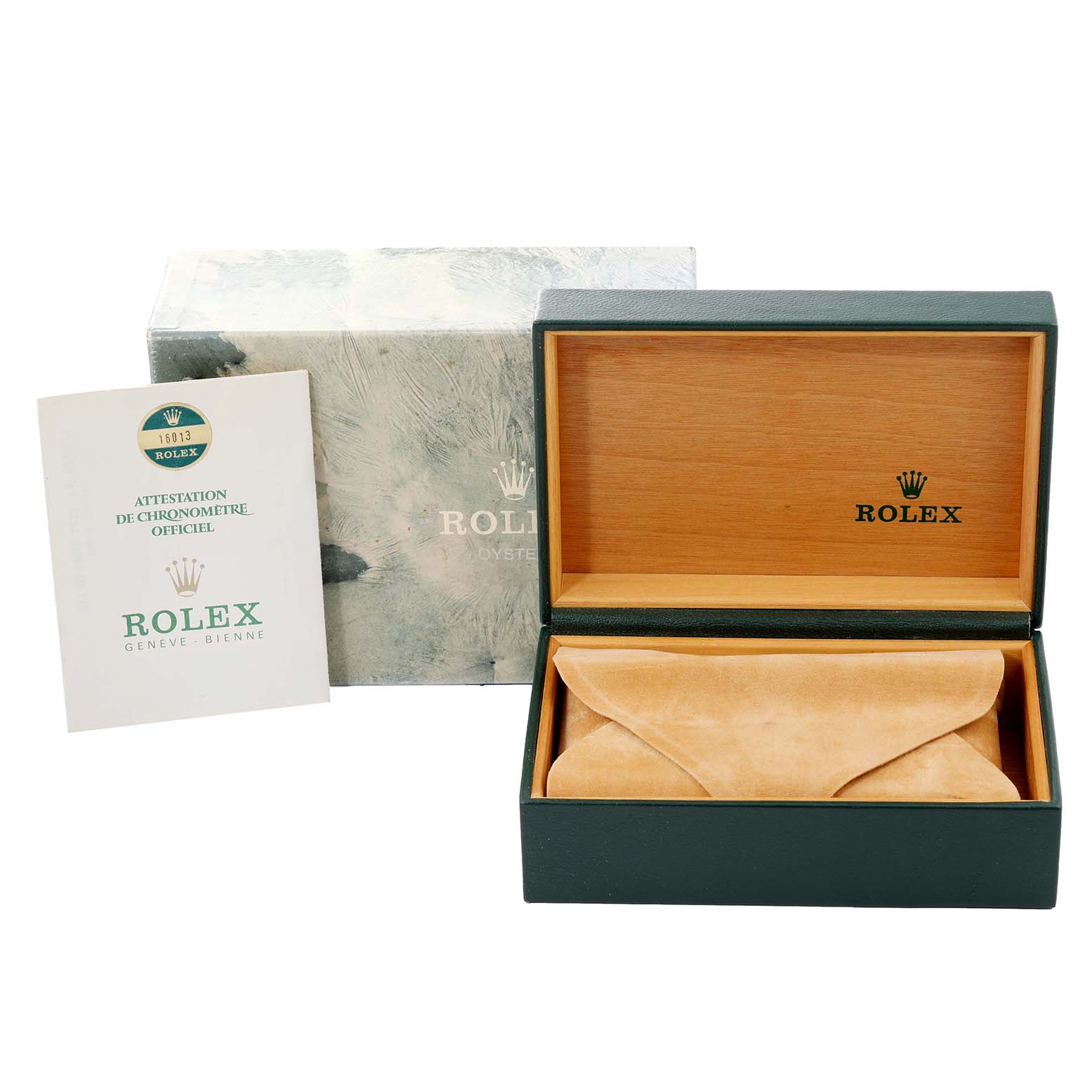 The image shows a Rolex Vintage Collection 16013 Men's Steel and Gold (two tone) Champagne Dial 16013 Men's Steel and Gold (two tone) Champagne Dial watch box, an outer cardboard box, and an official chronometer certificate.