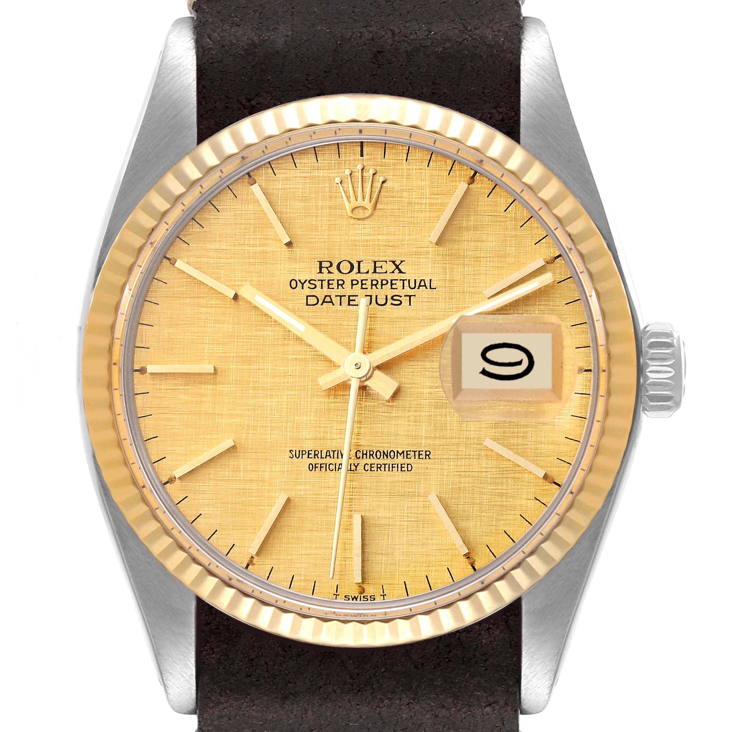 The image shows a front view of a Rolex Vintage Collection 16013 Men's Steel and Gold (two tone) Champagne Dial 16013 Men's Steel and Gold (two tone) Champagne Dial Datejust watch with a leather strap, showcasing its dial and date window.