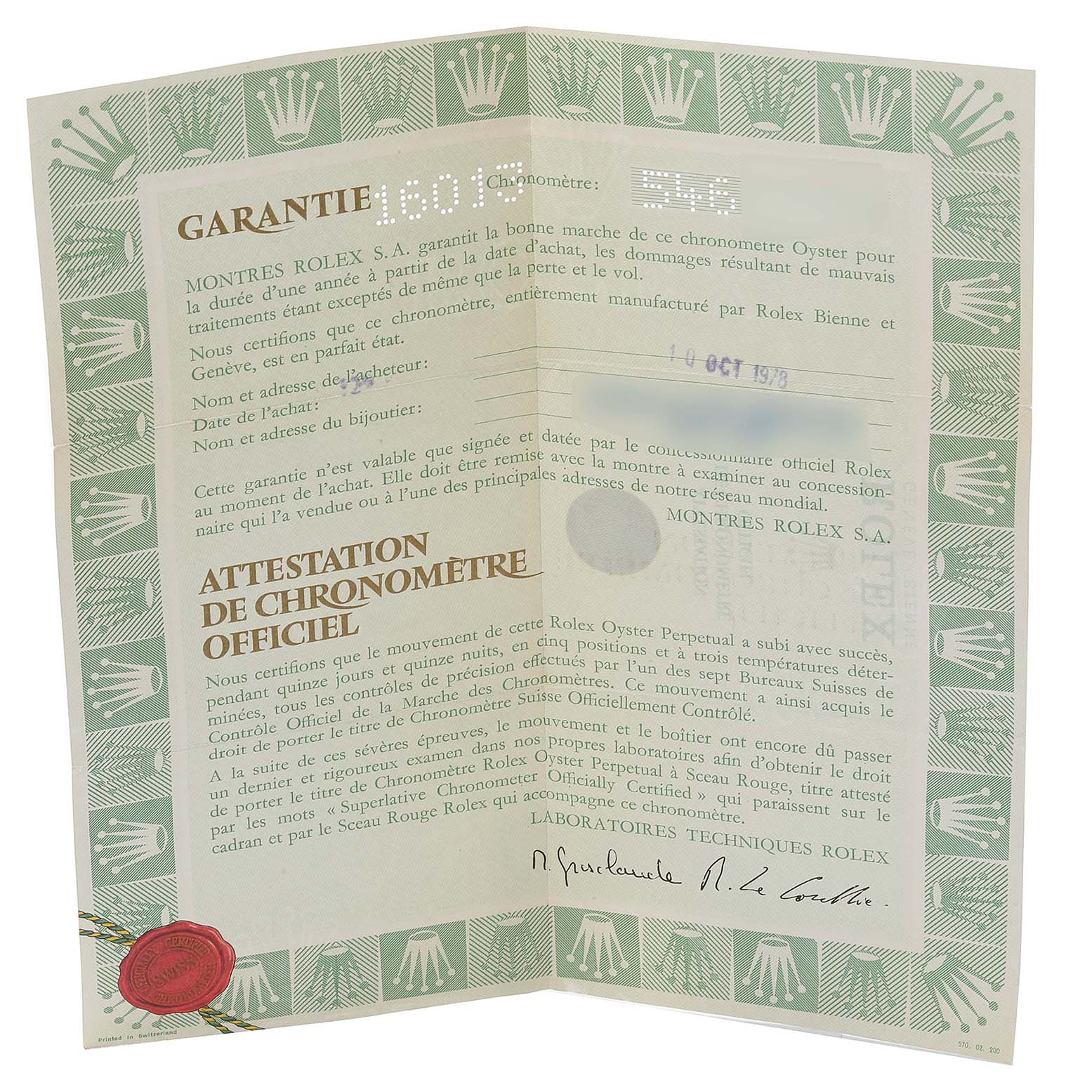 The image shows a warranty and official chronometer certification for a Vintage Collection model by Rolex.
