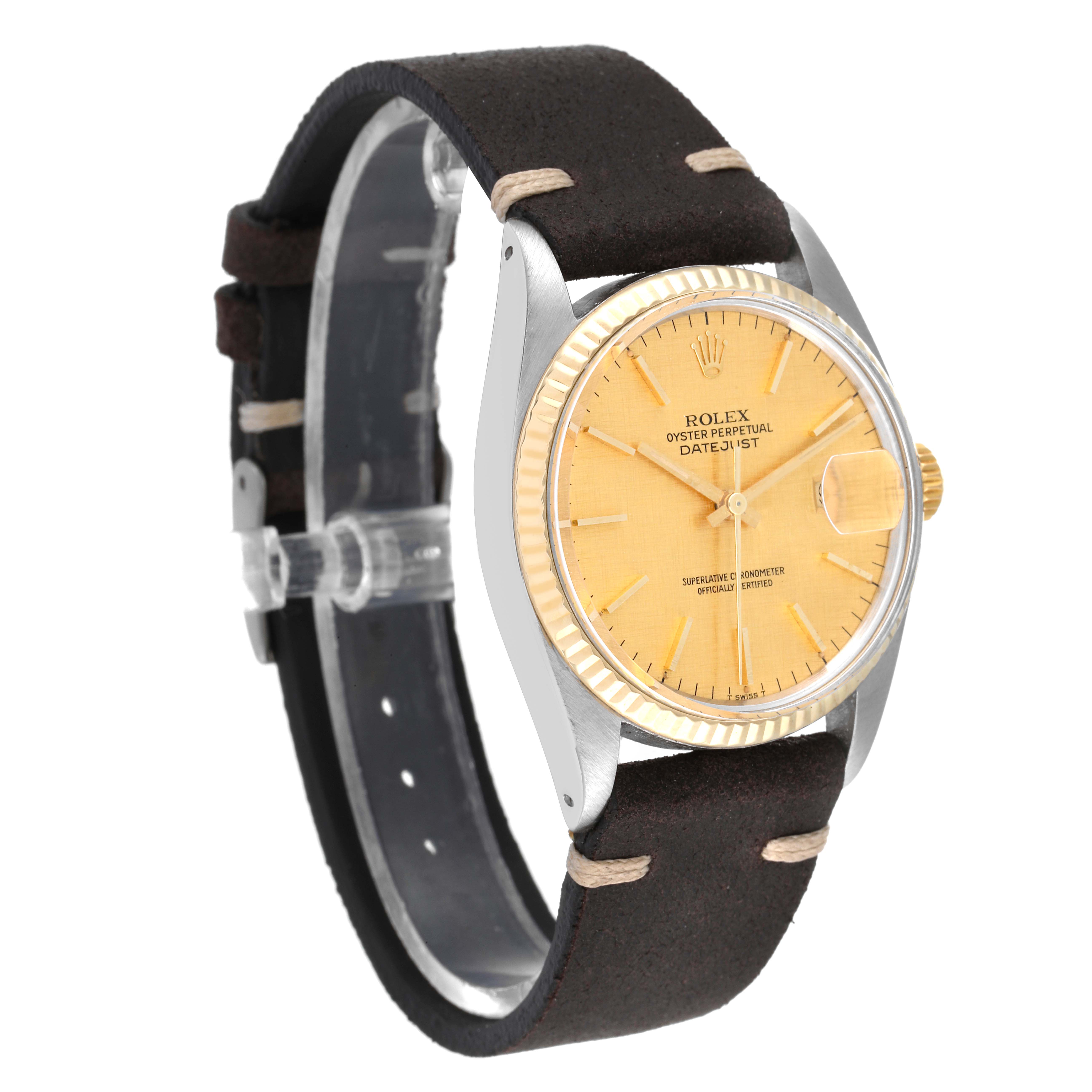 This Rolex Vintage Collection 16013 Men's Steel and Gold (two tone) Champagne Dial 16013 Men's Steel and Gold (two tone) Champagne Dial watch model is shown at a slight angle, highlighting the dial, bezel, and leather strap.