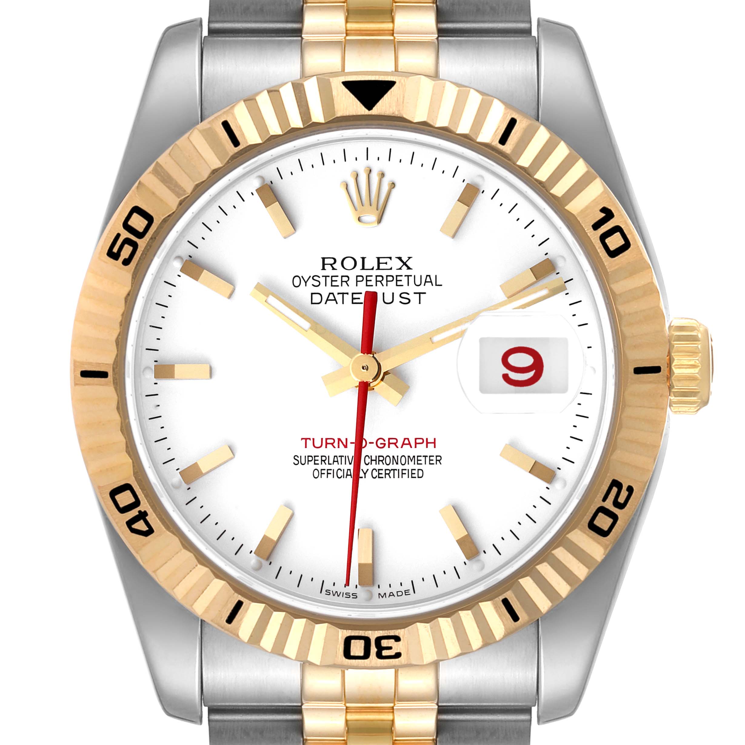 This image shows a front view of the Rolex Turn-o-Graph 116263 Men
s Steel and Gold (two tone) White Dial 116263 Men
s Steel and Gold (two tone) White Dial watch, highlighting its gold bezel, white dial, date window, and two-tone Jubilee bracelet.