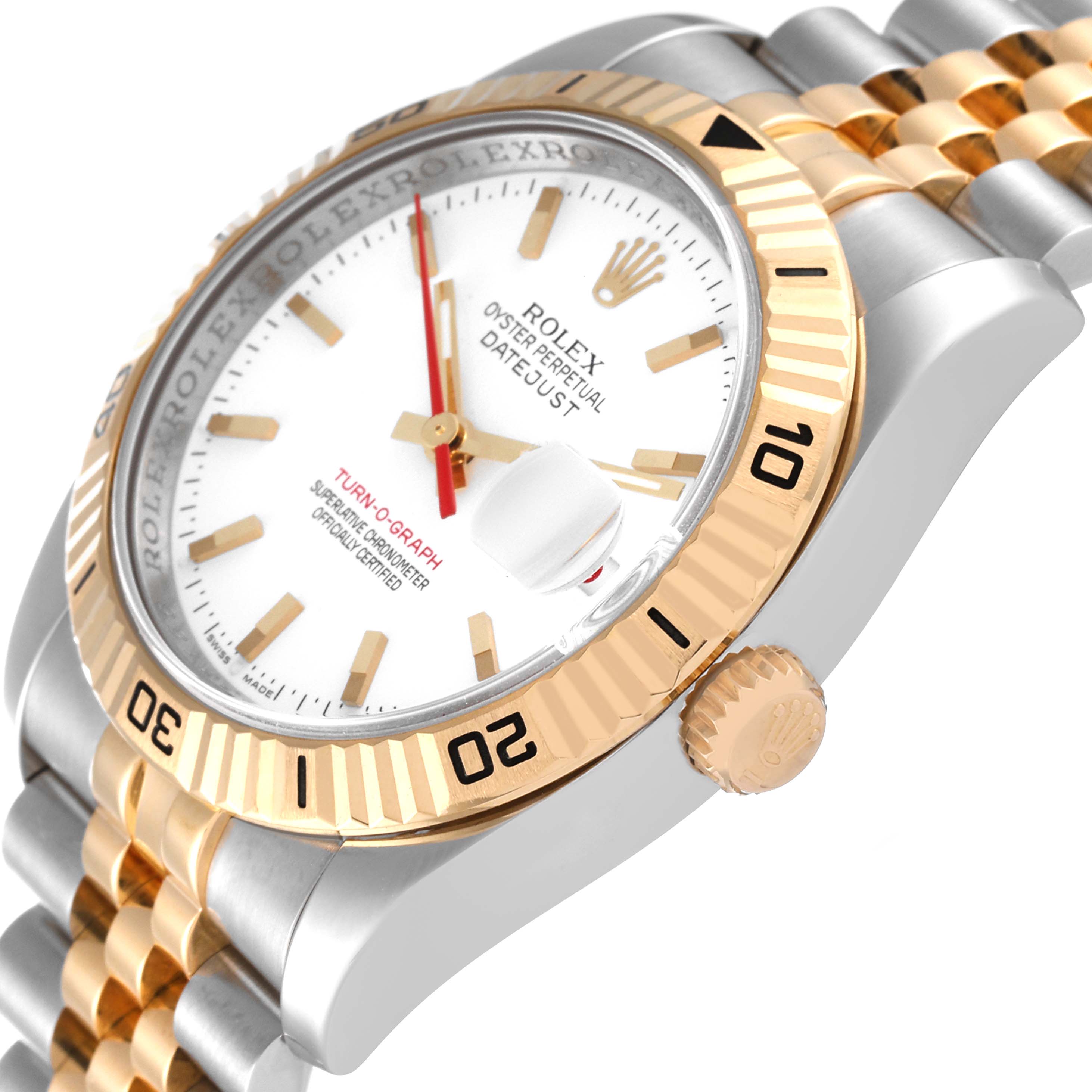 This image shows a side angled view of a Rolex Turn-o-Graph 116263 Men
s Steel and Gold (two tone) White Dial 116263 Men
s Steel and Gold (two tone) White Dial watch, highlighting the face, bezel, crown, and part of the bracelet.