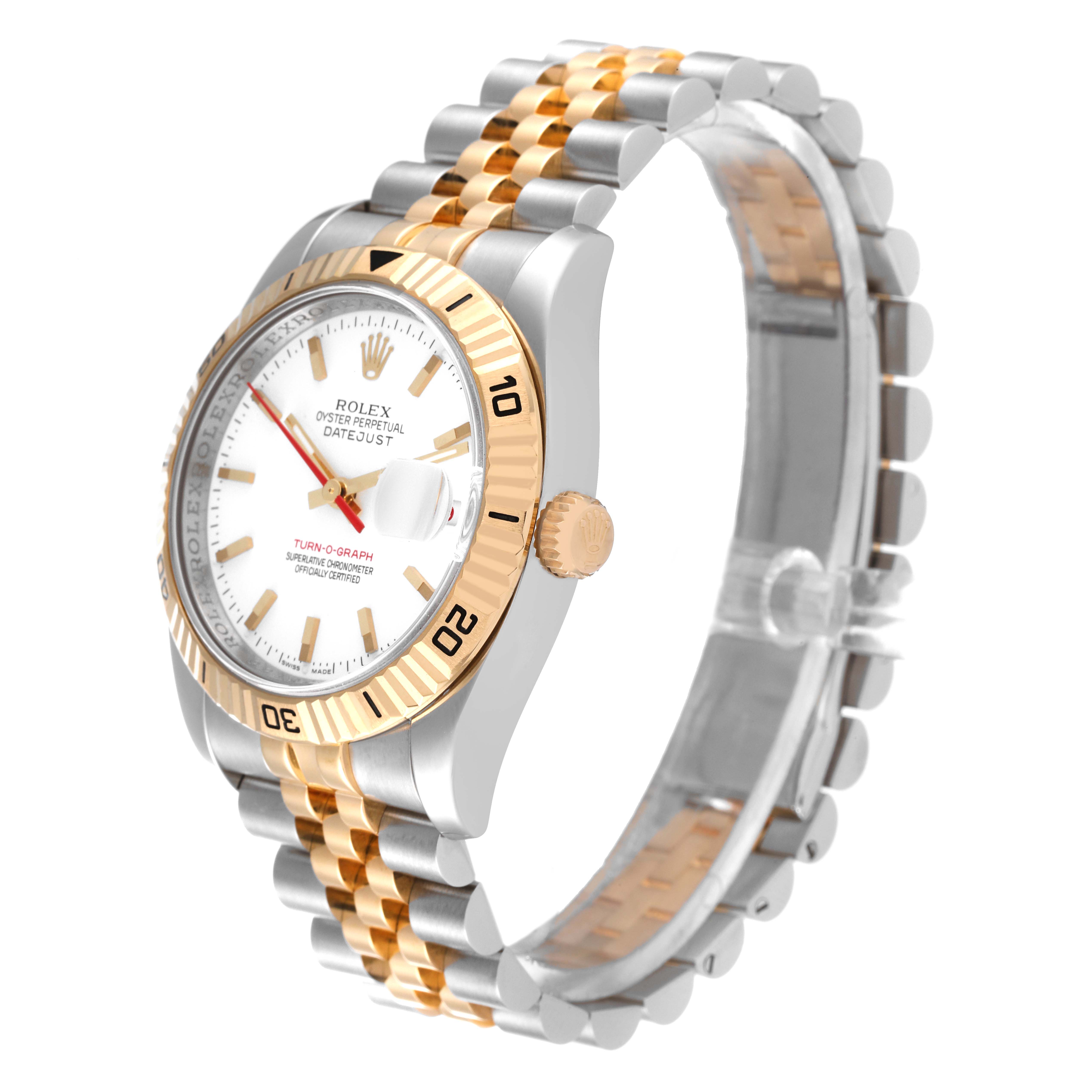 The image shows a Rolex Turn-o-Graph 116263 Men
s Steel and Gold (two tone) White Dial 116263 Men
s Steel and Gold (two tone) White Dial watch at a slight angle, displaying the bezel, dial, crown, and part of the bracelet.