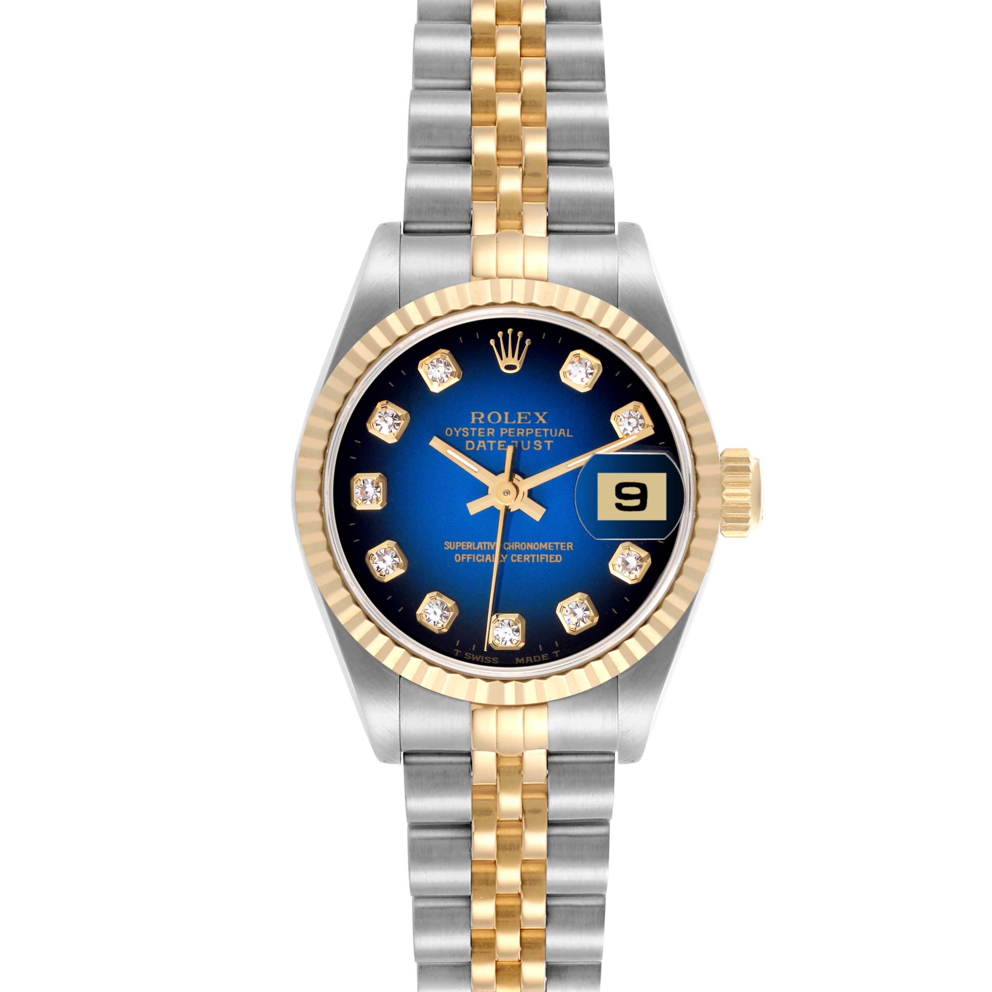 The Rolex Datejust 69173 Women's Steel and Gold (two tone) Blue Dial 69173 Women's Steel and Gold (two tone) Blue Dial watch is shown from the front, featuring the dial, bezel, bracelet, and date display.