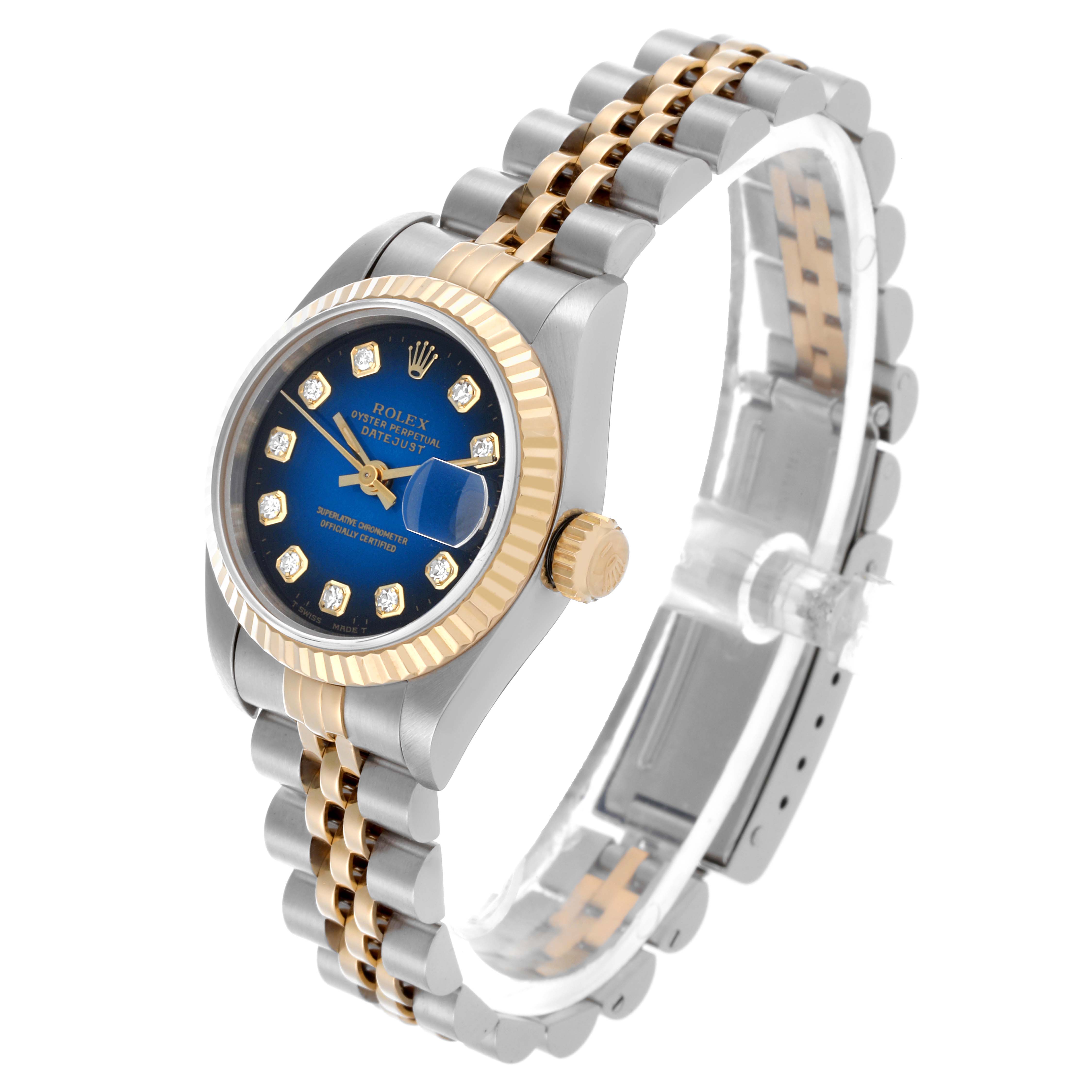 The Rolex Datejust 69173 Women's Steel and Gold (two tone) Blue Dial 69173 Women's Steel and Gold (two tone) Blue Dial watch is shown at an angle highlighting the face, crown, and jubilee bracelet.