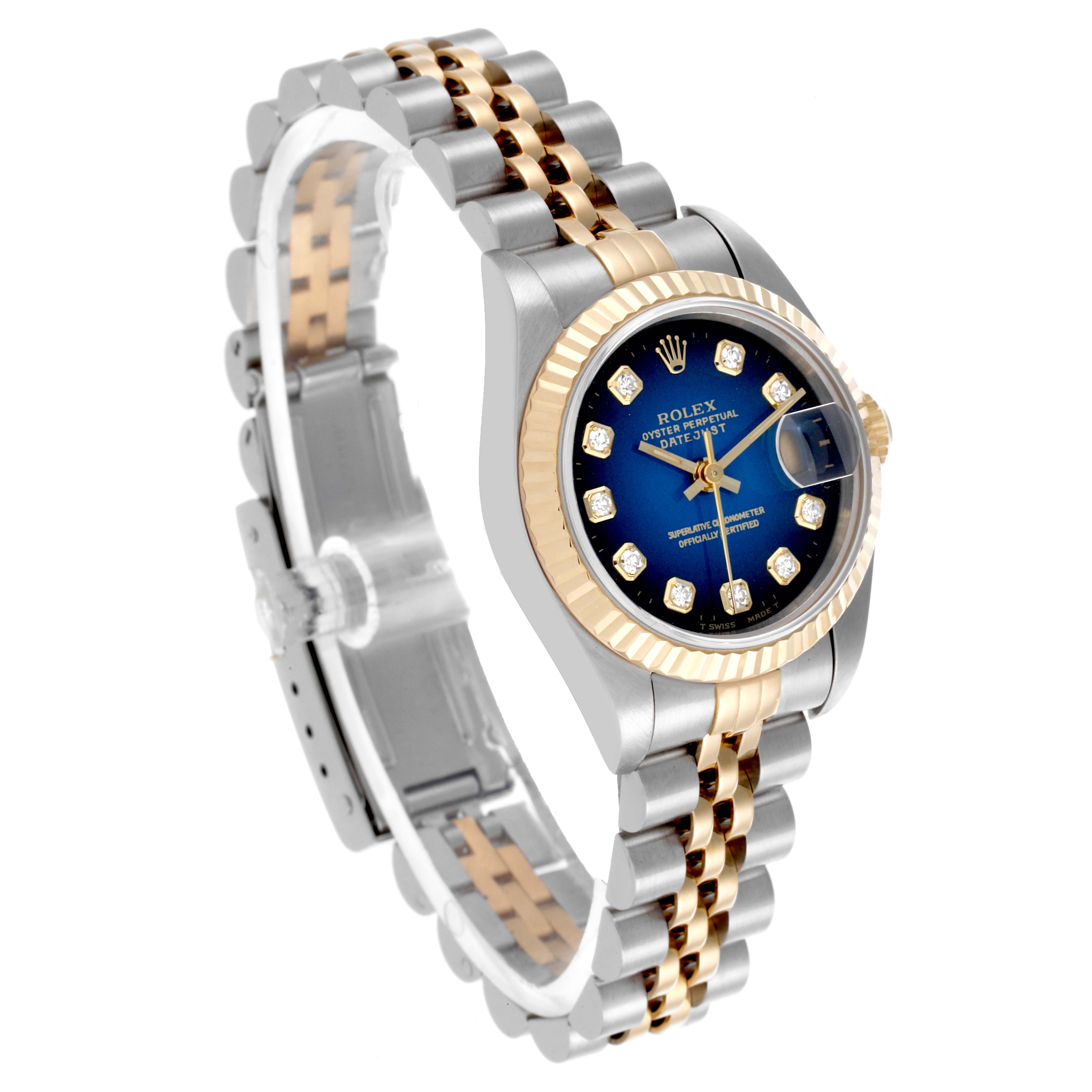 The Rolex Datejust 69173 Women's Steel and Gold (two tone) Blue Dial 69173 Women's Steel and Gold (two tone) Blue Dial is shown at an angled view displaying the face, bezel, and bracelet.