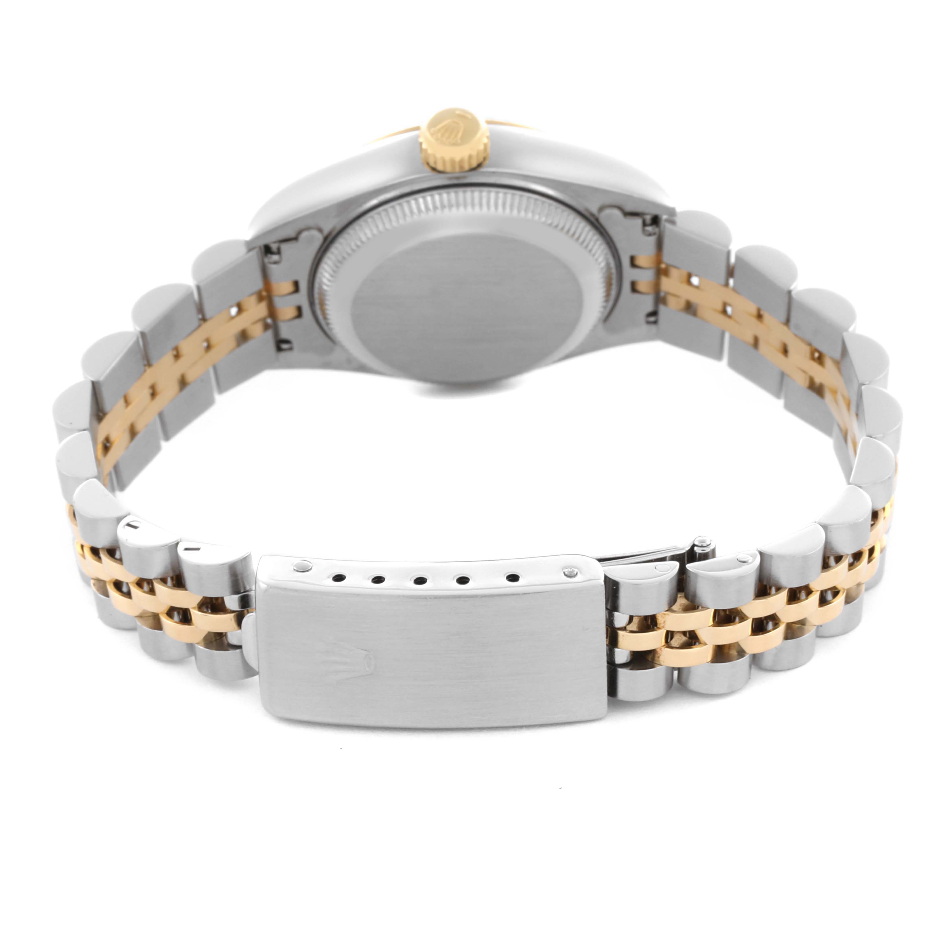 The image shows the back view of a Rolex Datejust 69173 Women's Steel and Gold (two tone) Blue Dial 69173 Women's Steel and Gold (two tone) Blue Dial, highlighting the clasp, bracelet, and case back.