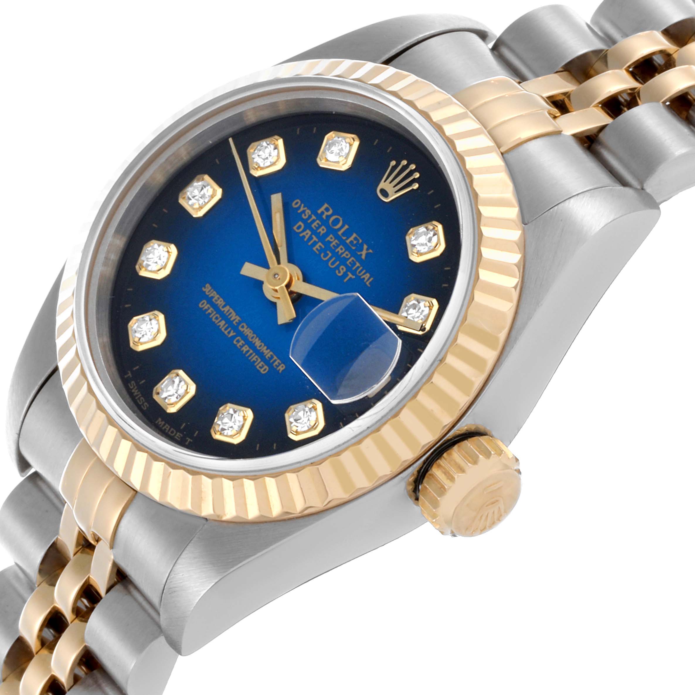 The Rolex Datejust 69173 Women's Steel and Gold (two tone) Blue Dial 69173 Women's Steel and Gold (two tone) Blue Dial watch is shown from an angled side view, highlighting the dial, bezel, crown, and band.