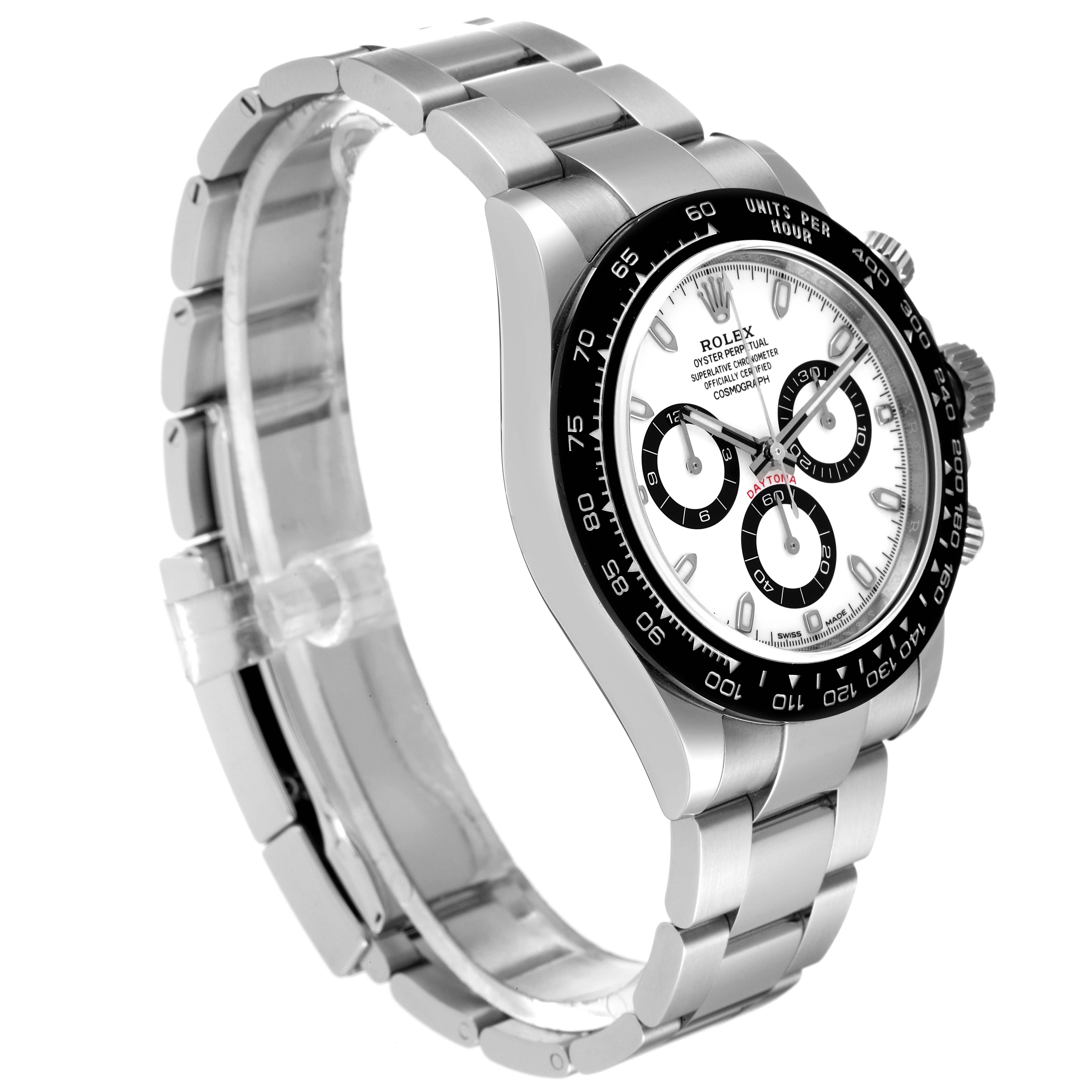 The image shows a Rolex Daytona 116500 Men's Stainless Steel White Dial 116500 Men's Stainless Steel White Dial watch from a front and side angle, highlighting the case, bezel, dial, and bracelet.