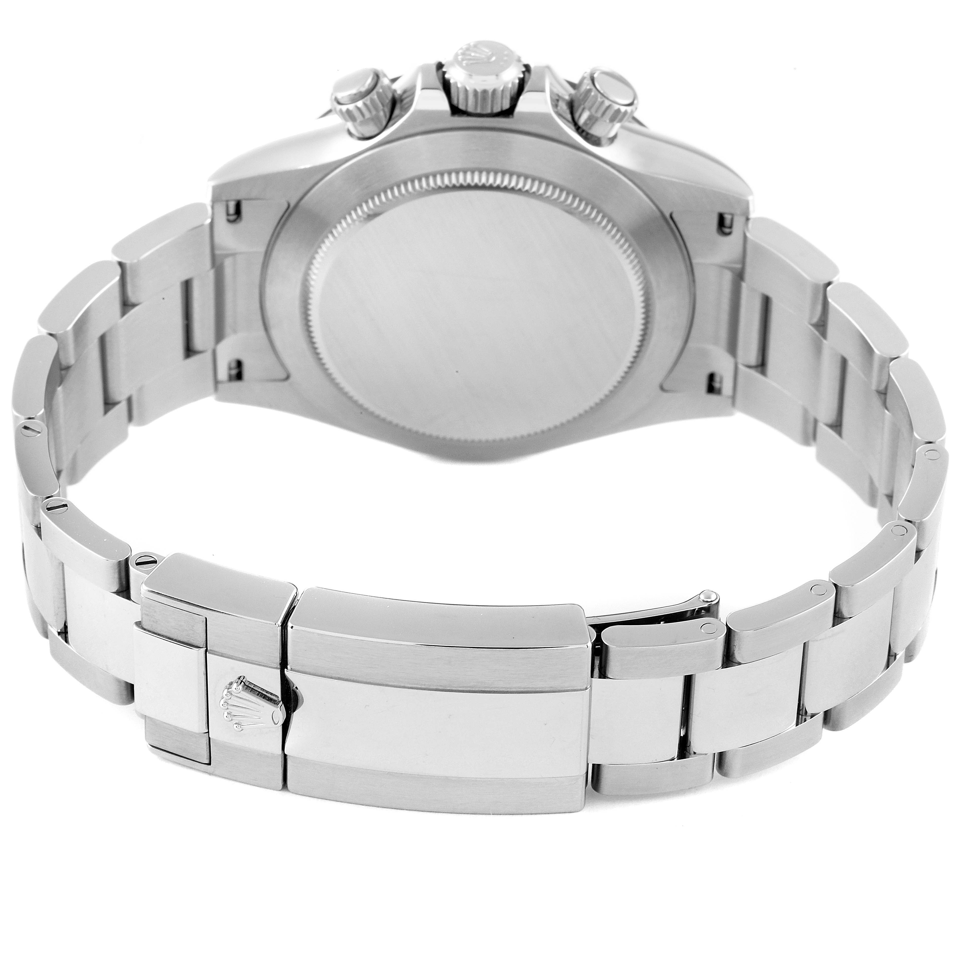 The image shows the back case and bracelet clasp of a Rolex Daytona 116500 Men's Stainless Steel White Dial 116500 Men's Stainless Steel White Dial watch.