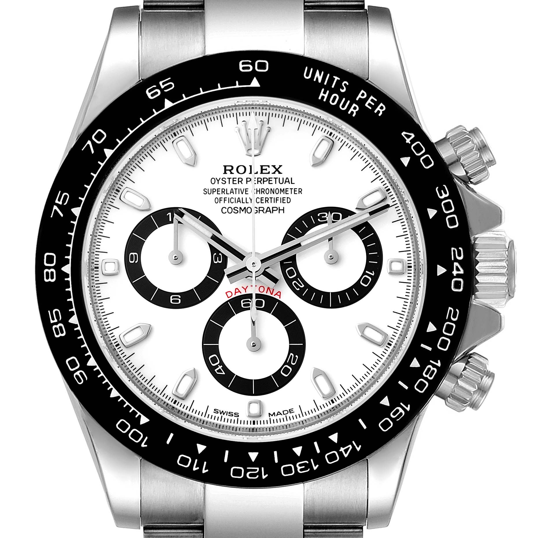 This image shows a close-up of the Rolex Daytona 116500 Men's Stainless Steel White Dial 116500 Men's Stainless Steel White Dial watch face, bezel, and part of the bracelet.