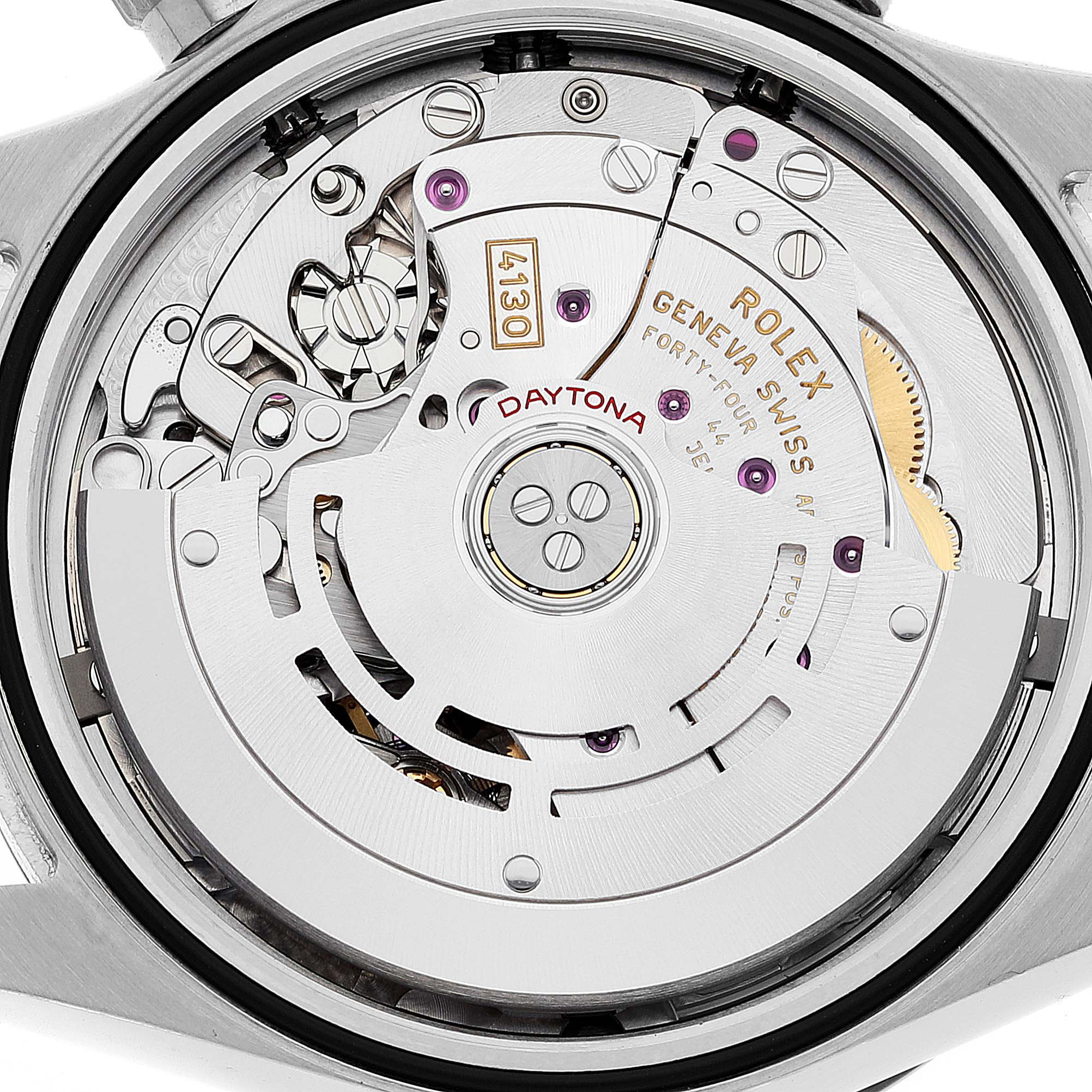 This image shows the movement and internal mechanisms of a Rolex Daytona 116500 Men's Stainless Steel White Dial 116500 Men's Stainless Steel White Dial watch from a close-up, rear angle.