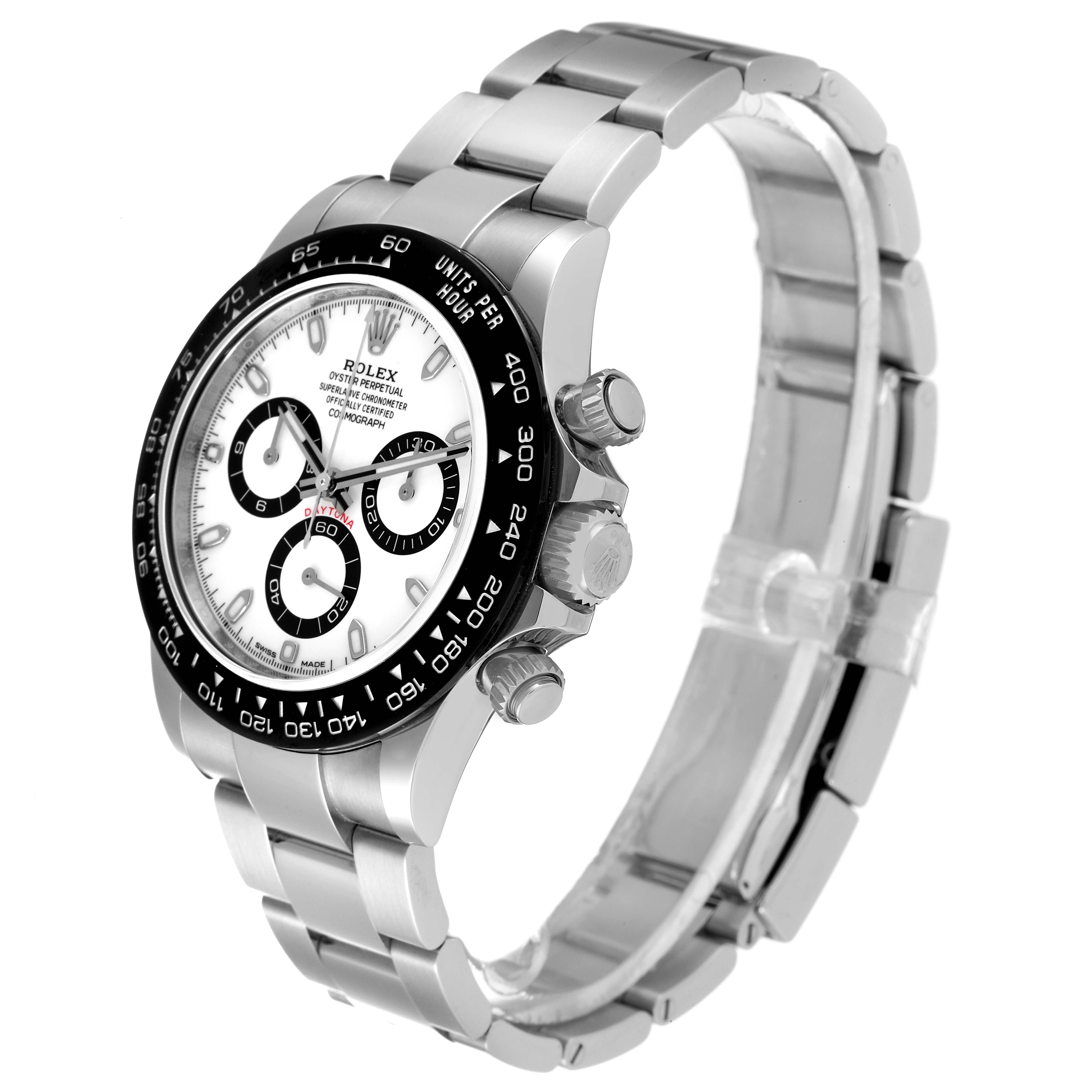 The image shows a side and front angle of the Rolex Daytona 116500 Men's Stainless Steel White Dial 116500 Men's Stainless Steel White Dial watch, highlighting its bracelet, dial, and pushers.