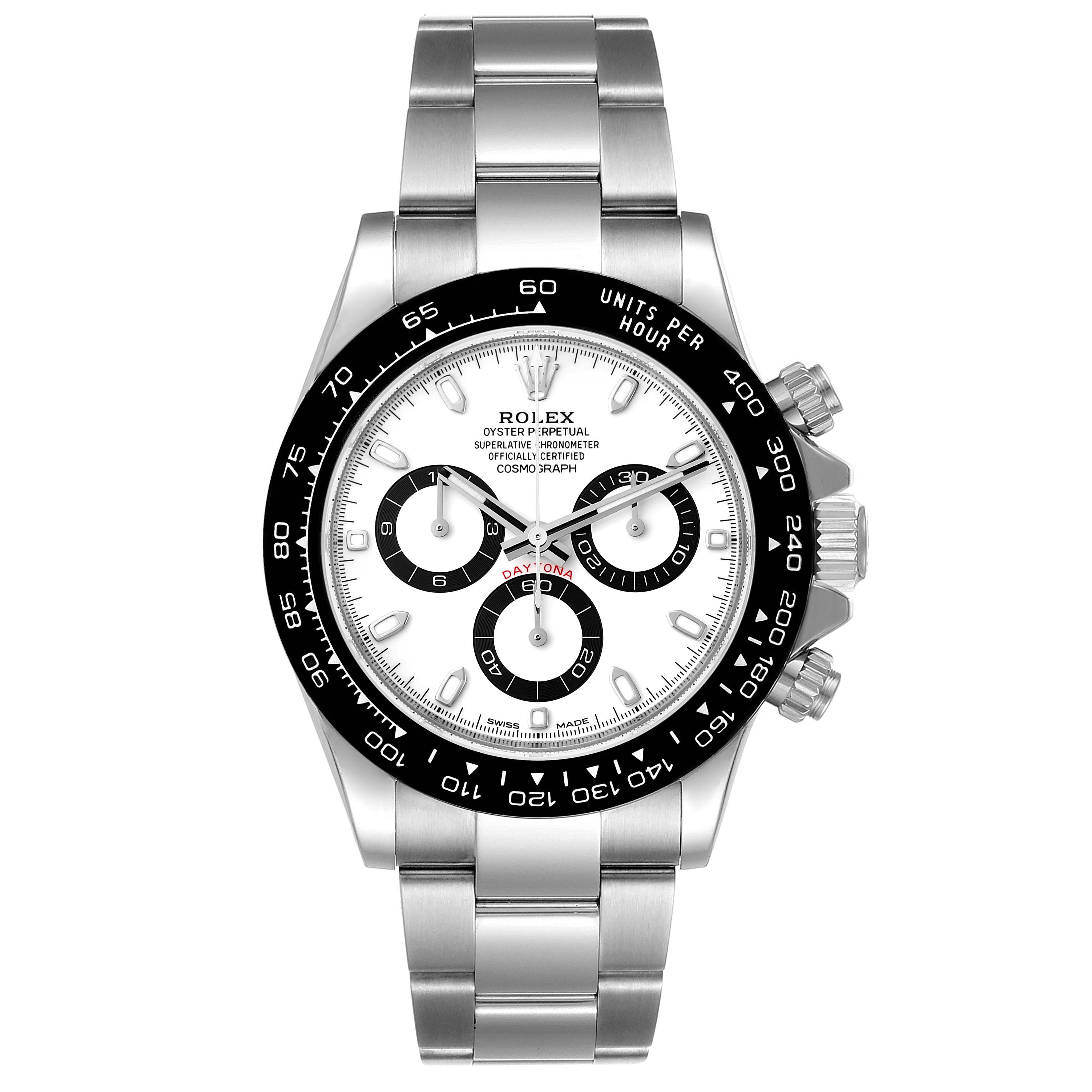 The image shows a frontal view of a Rolex Daytona 116500 Men's Stainless Steel White Dial 116500 Men's Stainless Steel White Dial watch, highlighting its face, bezel, and bracelet.