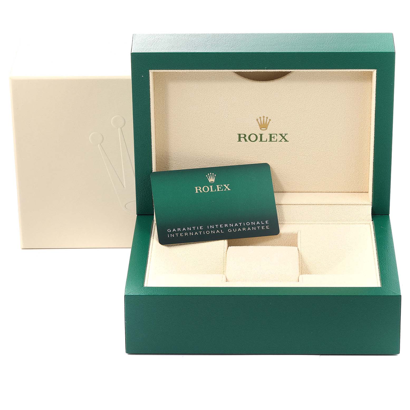 The image shows an open Rolex Daytona 116500 Men's Stainless Steel White Dial 116500 Men's Stainless Steel White Dial watch box with the international guarantee card inside.