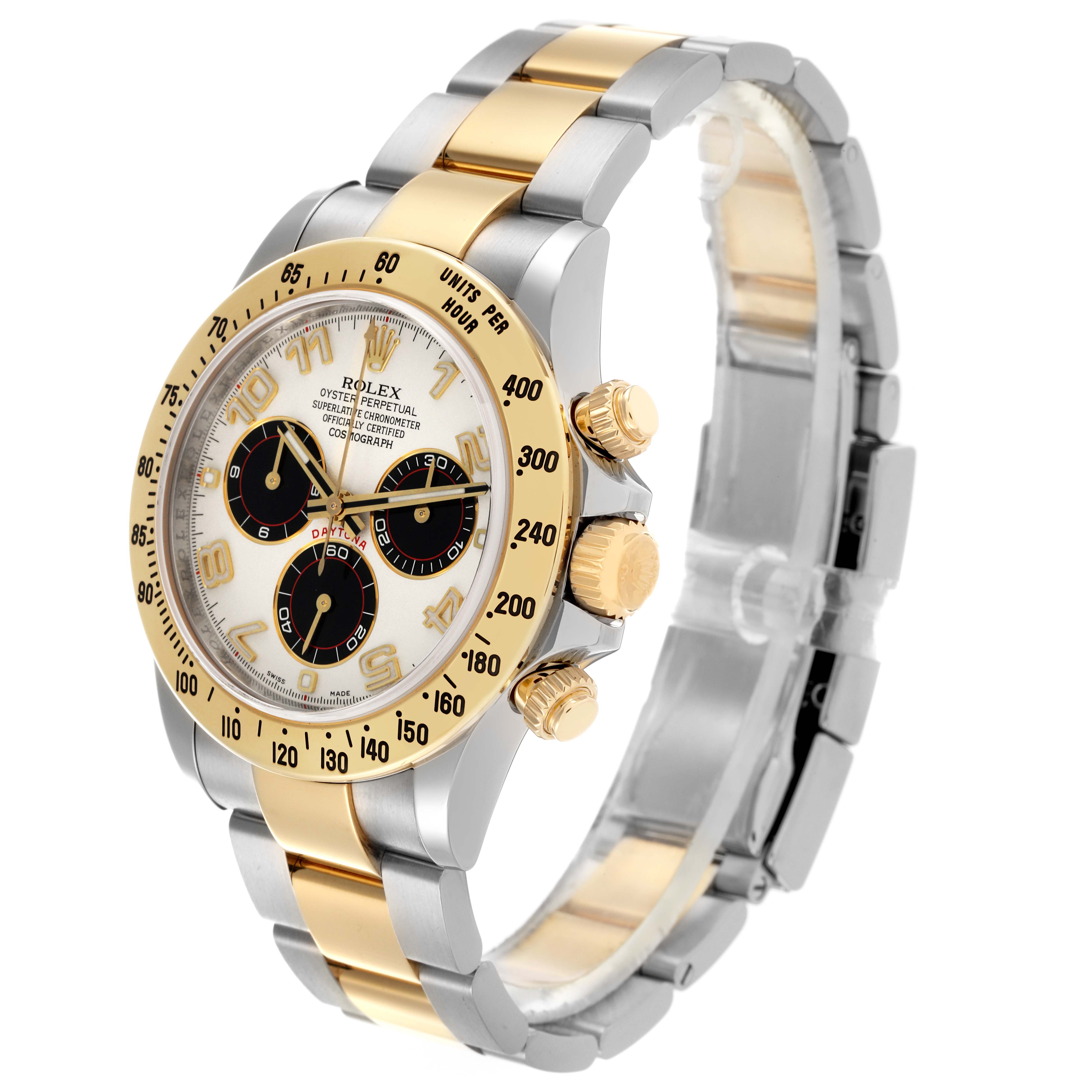 The Rolex Daytona 116523 Men's Steel and Gold (two tone) Silver Dial 116523 Men's Steel and Gold (two tone) Silver Dial watch is shown at a slight angle, highlighting the face, bezel, and two-tone bracelet.