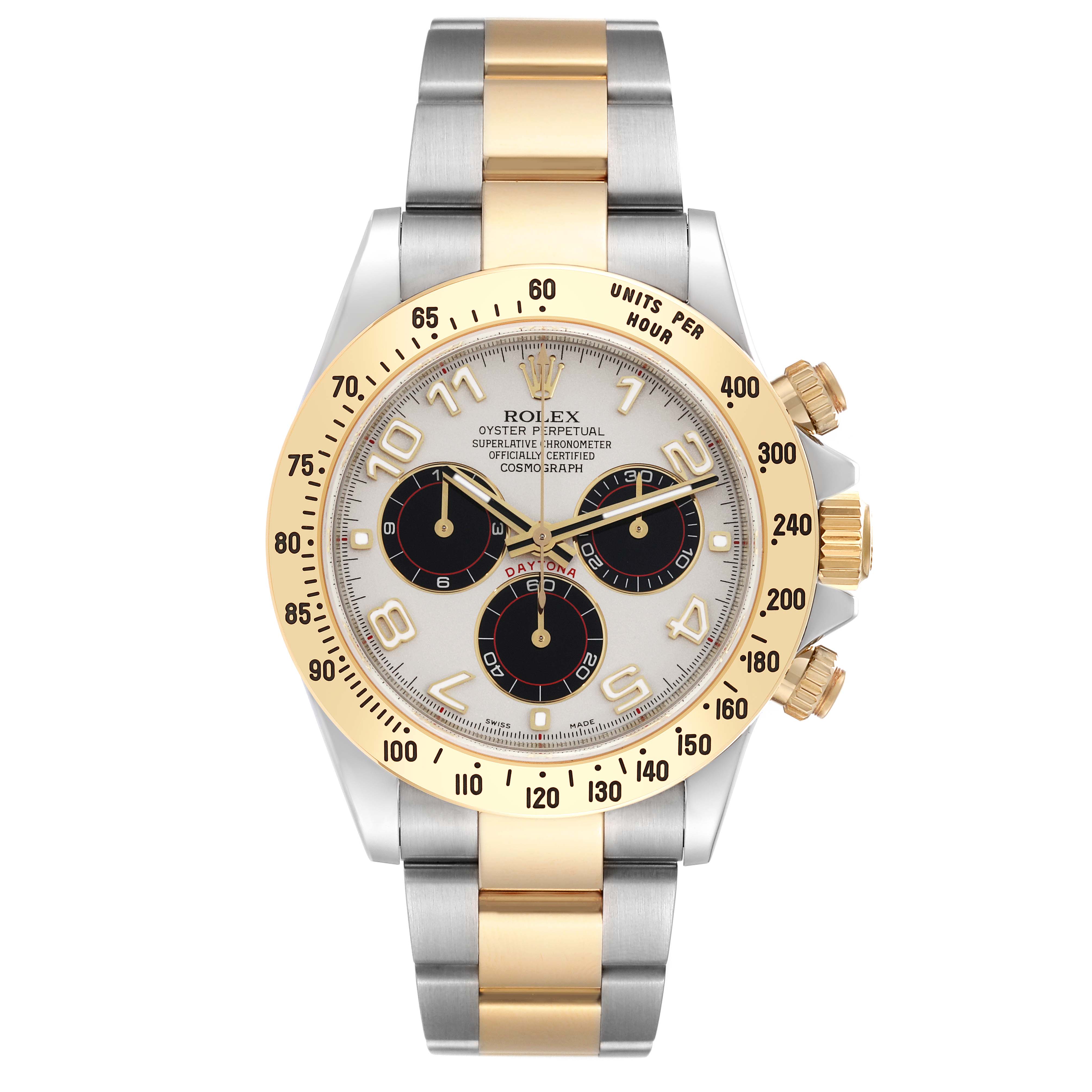 The Rolex Daytona 116523 Men's Steel and Gold (two tone) Silver Dial 116523 Men's Steel and Gold (two tone) Silver Dial watch is shown from the front, displaying its dial, bezel, pushers, and two-tone bracelet.