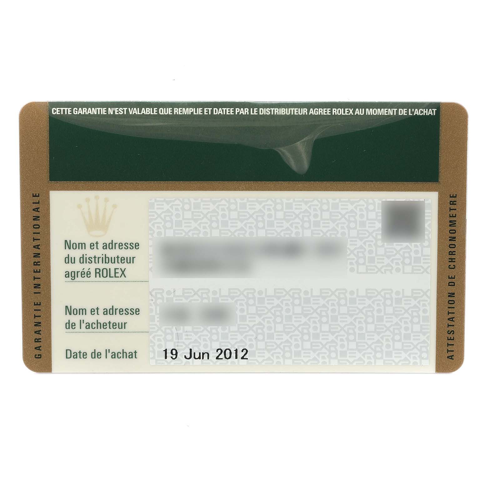 This image shows a Rolex Daytona 116523 Men's Steel and Gold (two tone) Silver Dial 116523 Men's Steel and Gold (two tone) Silver Dial model warranty card, displaying purchase details and authorization.